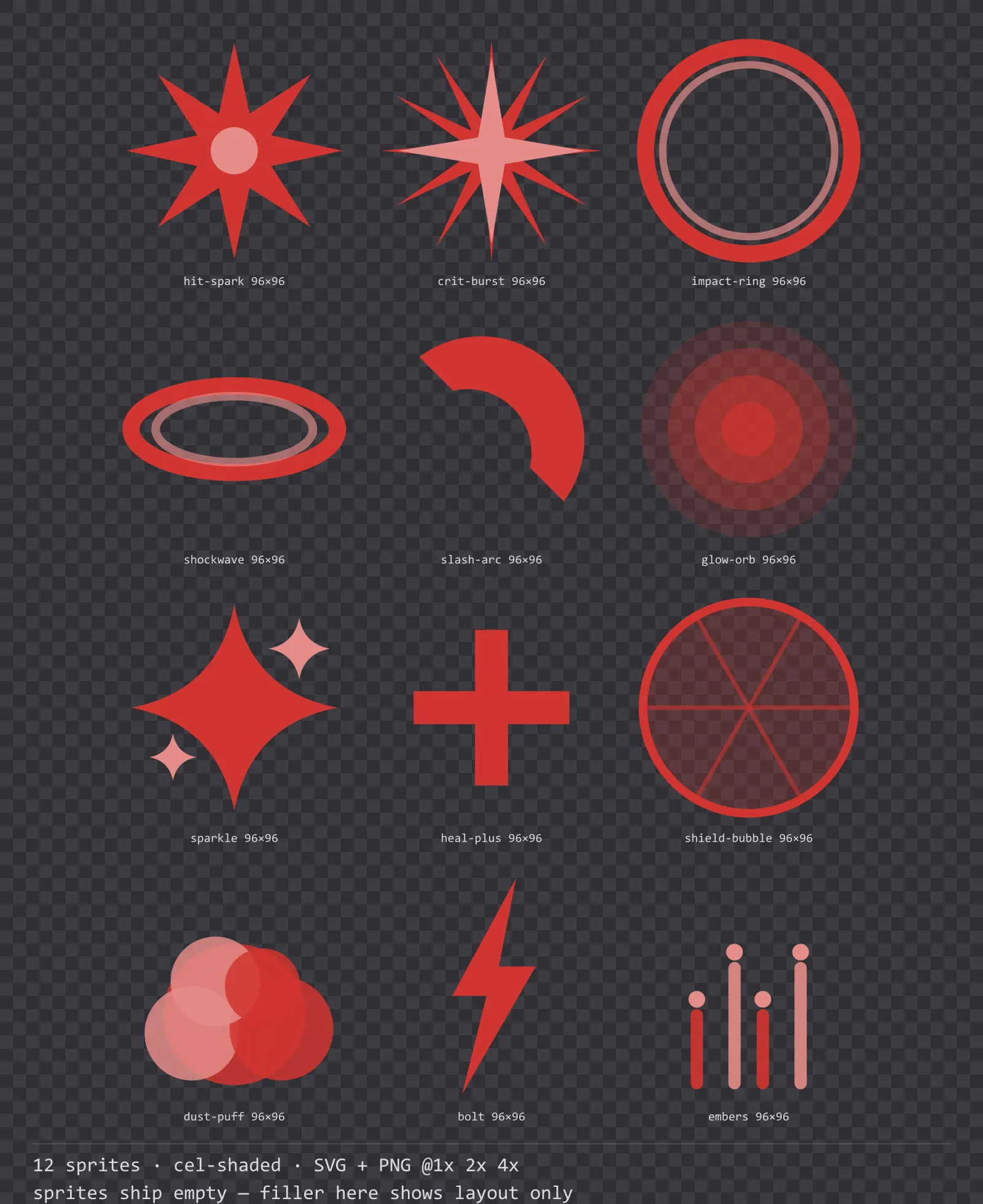Sheet showing 12 cel-shaded impact and effect sprites from the Inkwell family, arranged on a transparency checkerboard with their pixel sizes printed underneath