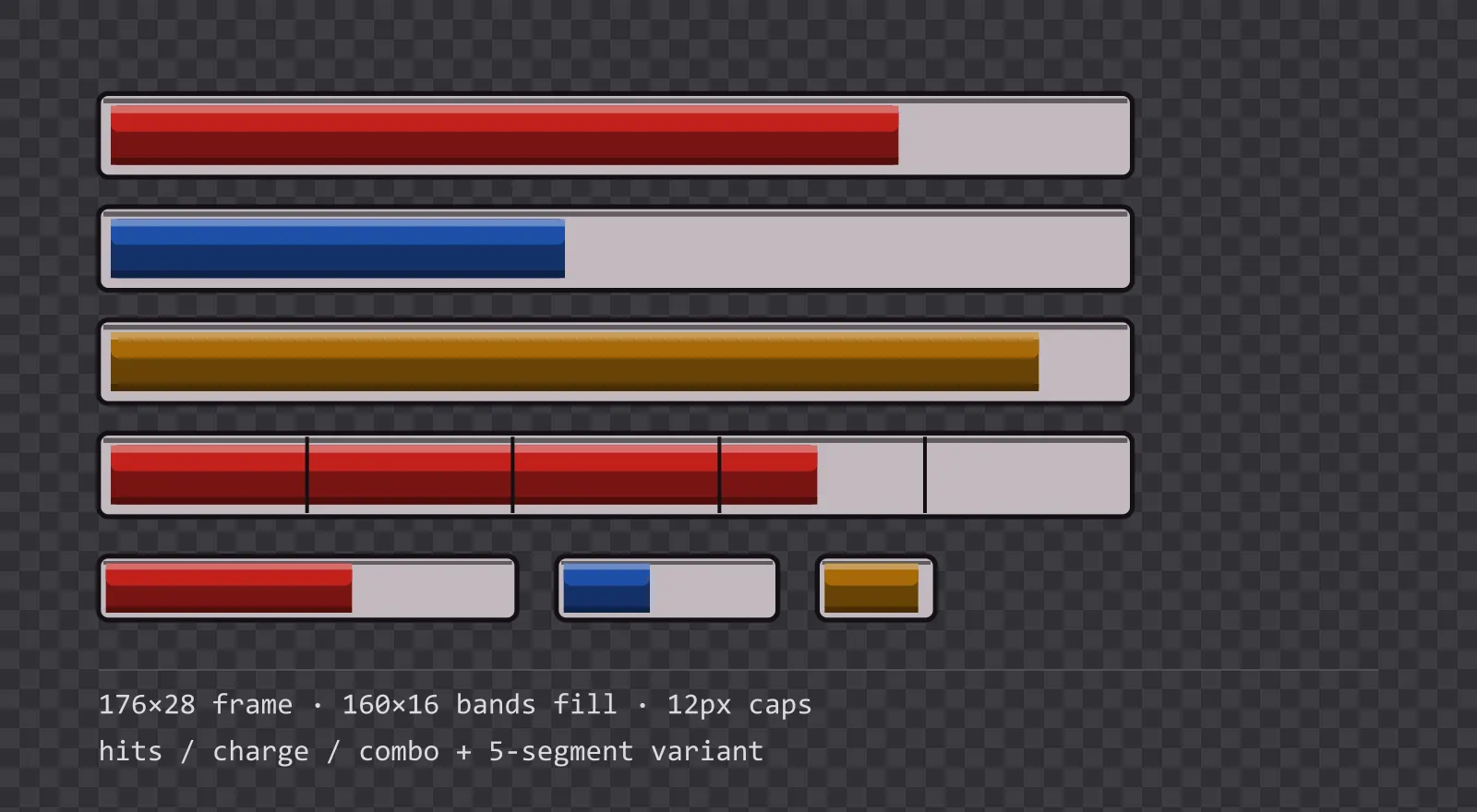 Three horizontal game status bars stacked on a checkerboard background, filled to different levels for hits, charge and combo, with a segmented 5-notch bar and three smaller bars beneath them