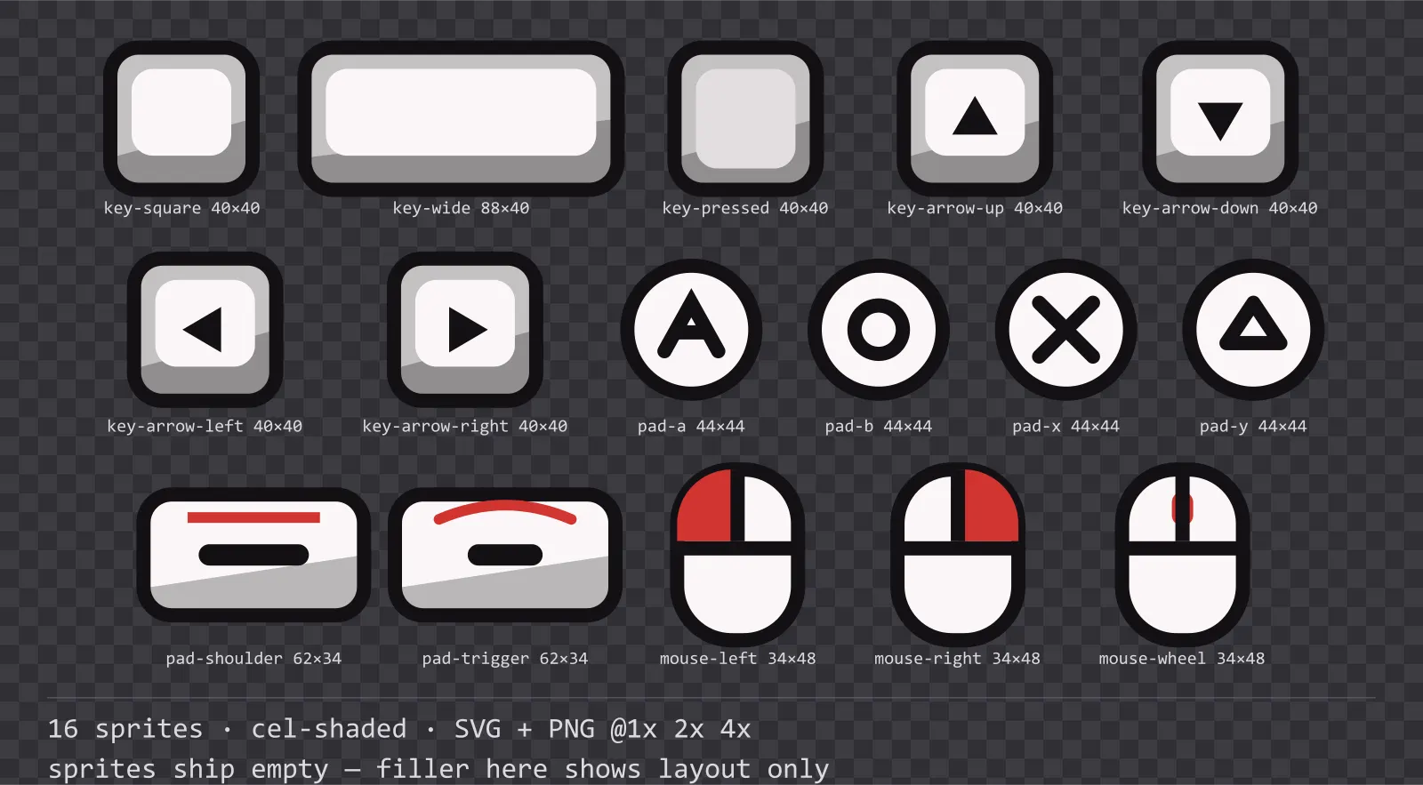 Sheet showing 16 cel-shaded input prompt sprites from the Inkwell family, arranged on a transparency checkerboard with their pixel sizes printed underneath