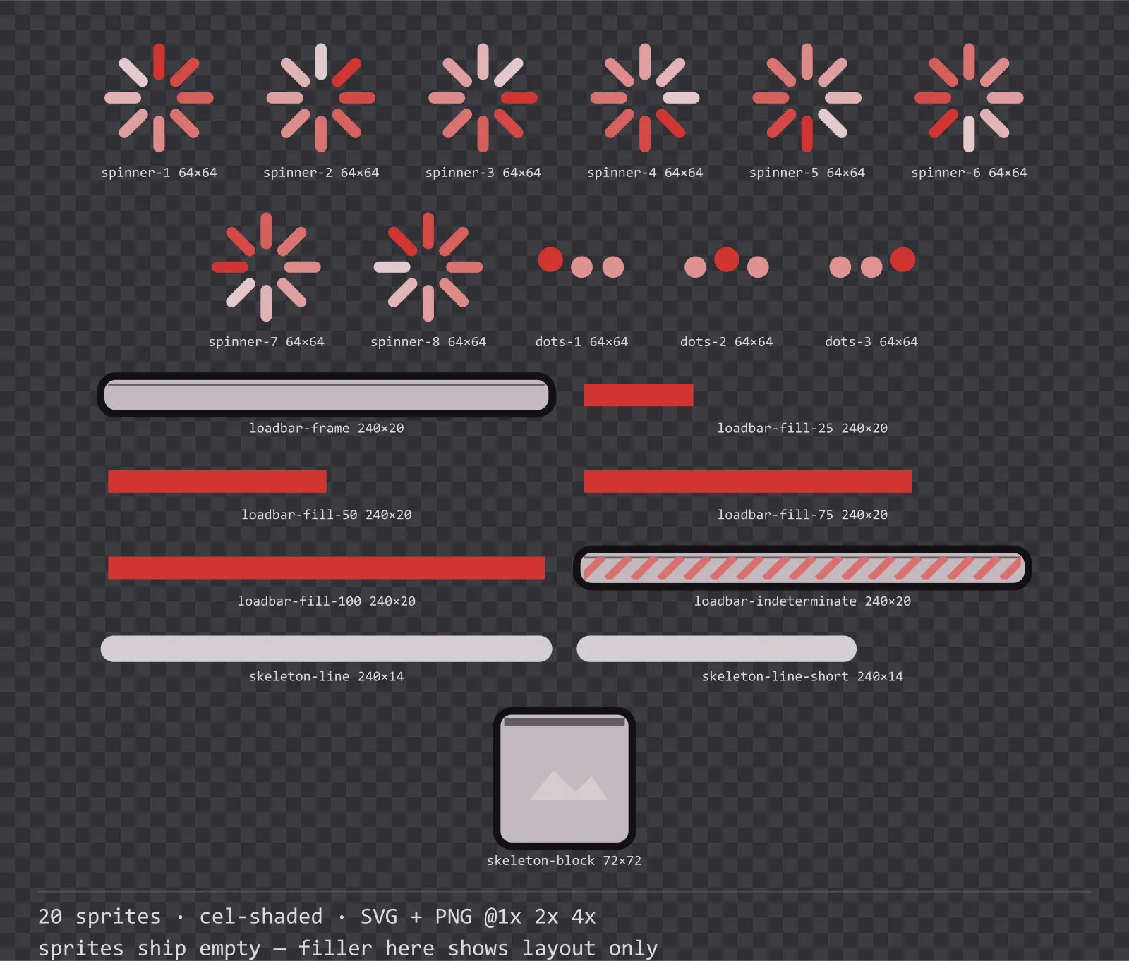 Sheet showing 20 cel-shaded loading and waiting indicators from the Inkwell family, arranged on a transparency checkerboard with their pixel sizes printed underneath