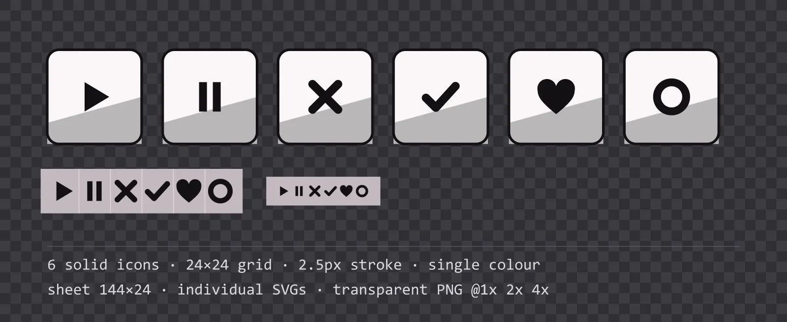 Six solid game menu icons on inked comic tiles, shown large, laid out on a sheet grid, and again at actual 24 pixel size