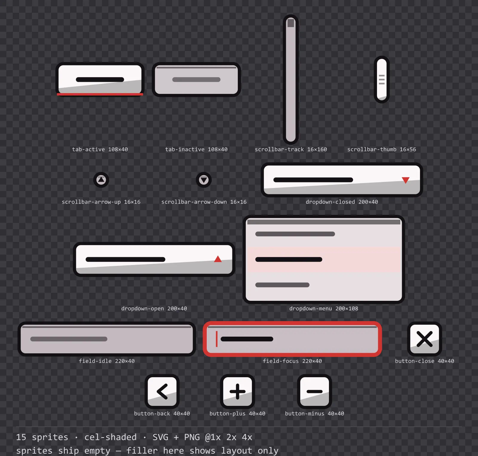 Sheet showing 15 cel-shaded navigation and input components from the Inkwell family, arranged on a transparency checkerboard with their pixel sizes printed underneath