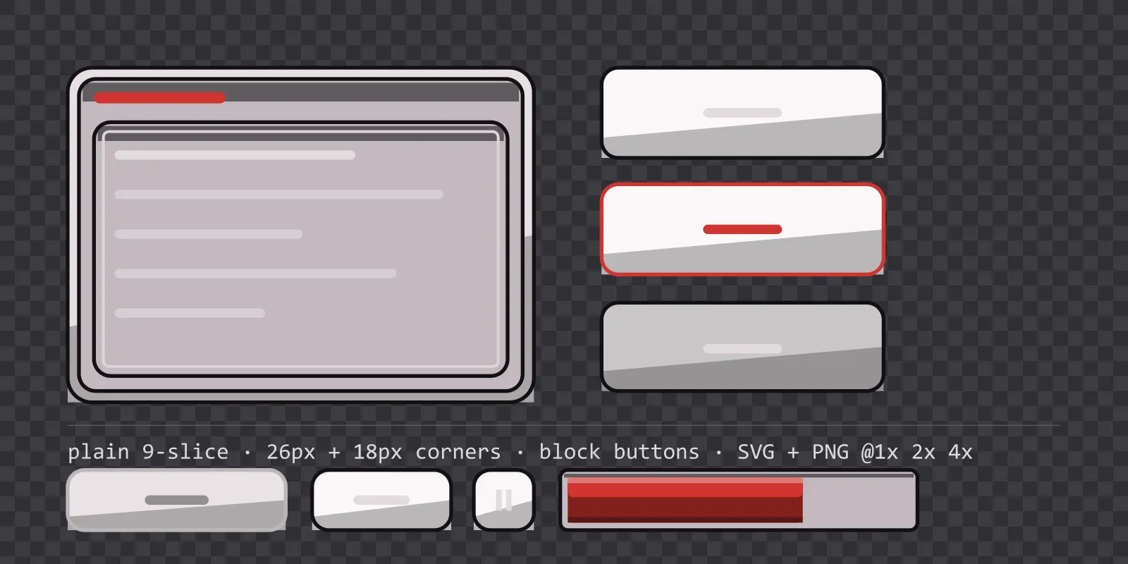 inked comic game menu panel with a signal red title strip and a recessed list area, next to a column showing the same square button in default, outlined hover and pushed-in pressed states