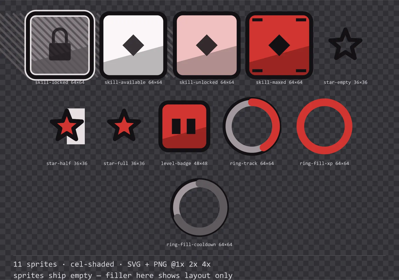 Sheet showing 11 cel-shaded progression and reward components from the Inkwell family, arranged on a transparency checkerboard with their pixel sizes printed underneath