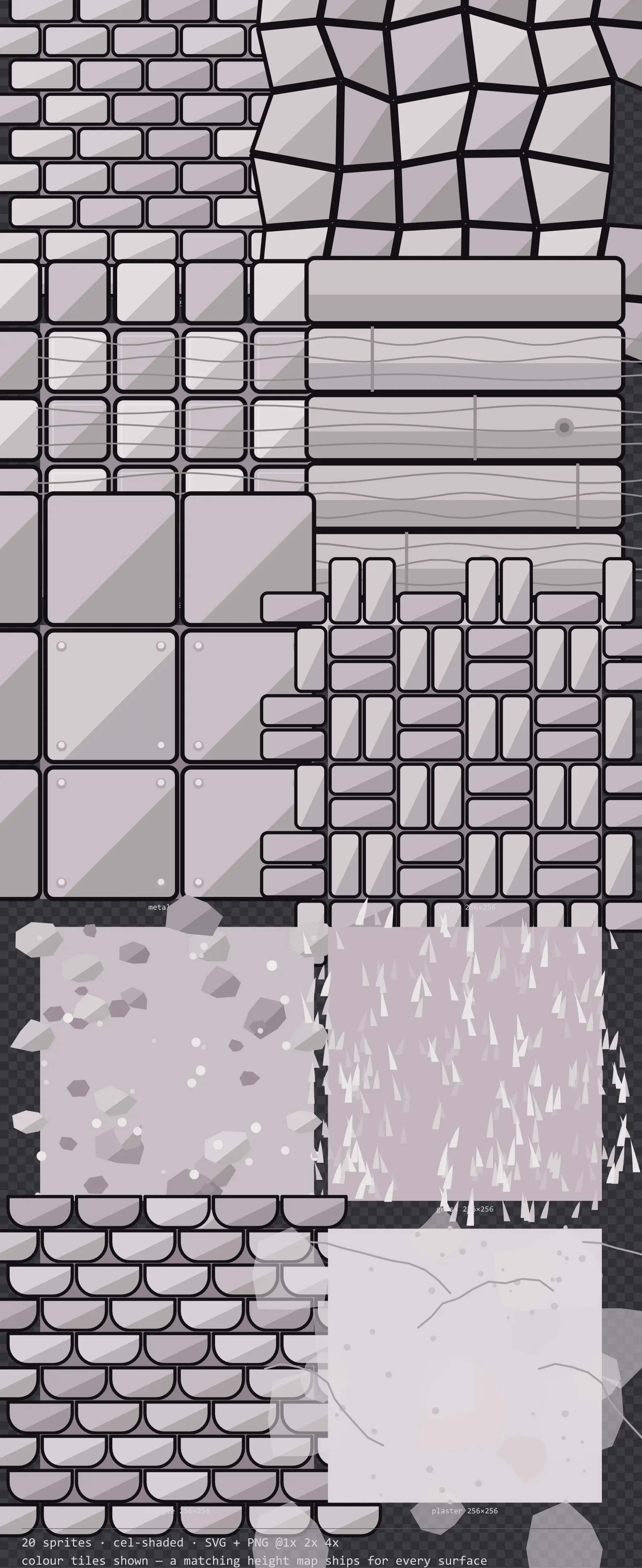 Sheet showing 20 cel-shaded tiling surface textures from the Inkwell family, arranged on a transparency checkerboard with their pixel sizes printed underneath