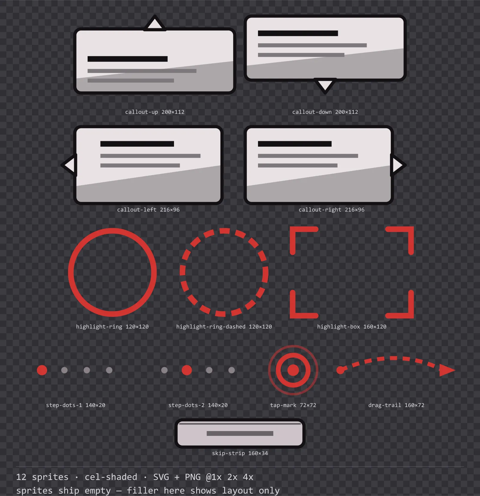 Sheet showing 12 cel-shaded tutorial and onboarding markers from the Inkwell family, arranged on a transparency checkerboard with their pixel sizes printed underneath