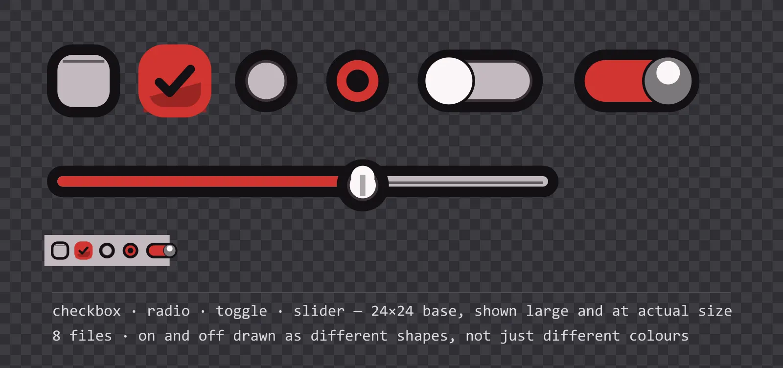 Game settings controls on a checkerboard background — an empty and a ticked checkbox, an unselected and a selected radio button, a toggle switch shown off and on, and a slider track with its knob
