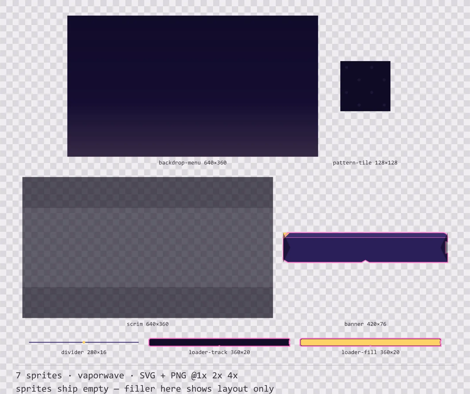 Sheet showing 7 vaporwave background and overlay pieces from the Mallwave family, arranged on a transparency checkerboard with their pixel sizes printed underneath