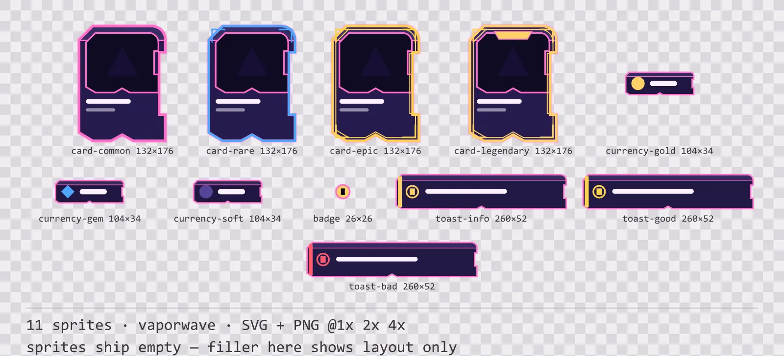 Sheet showing 11 vaporwave card, currency and notification components from the Mallwave family, arranged on a transparency checkerboard with their pixel sizes printed underneath