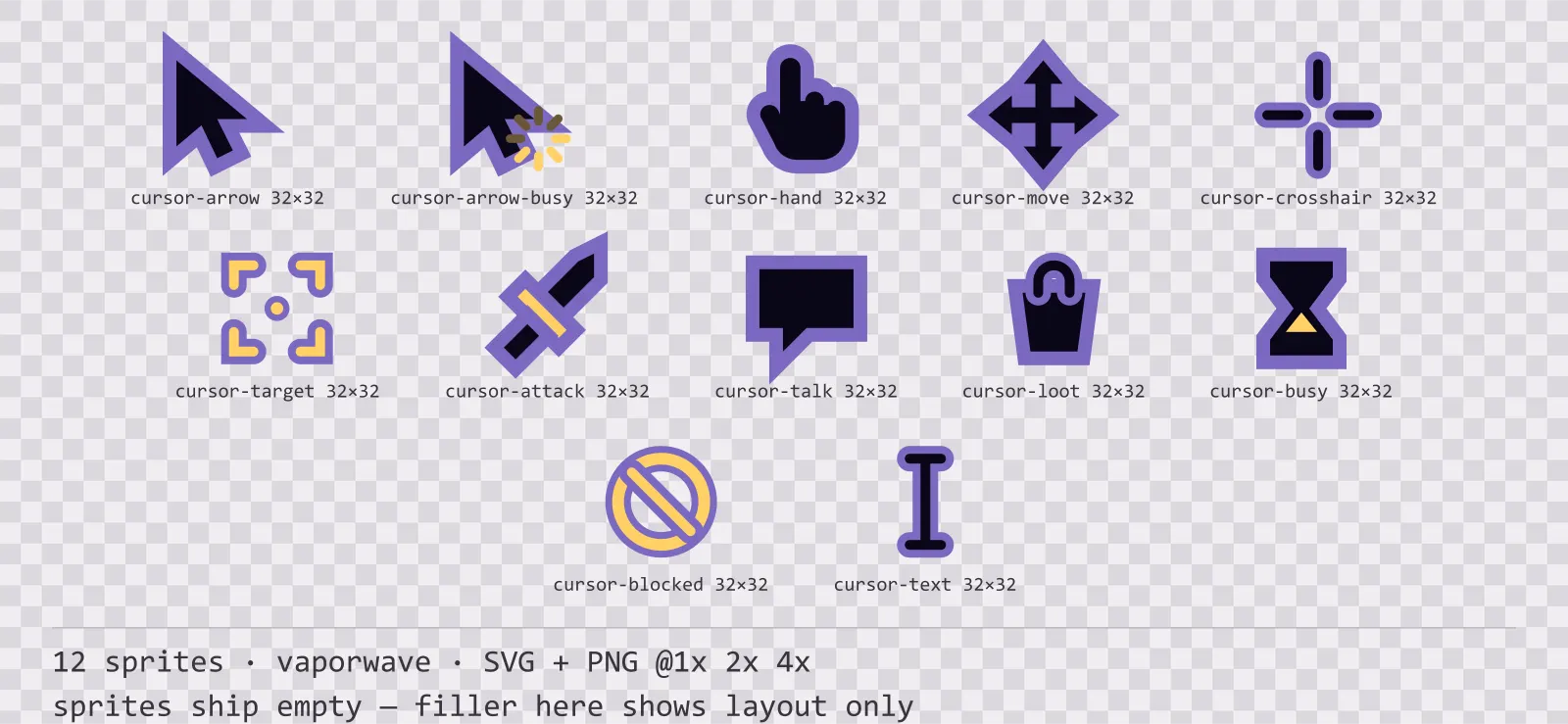 Sheet showing 12 vaporwave mouse cursors from the Mallwave family, arranged on a transparency checkerboard with their pixel sizes printed underneath