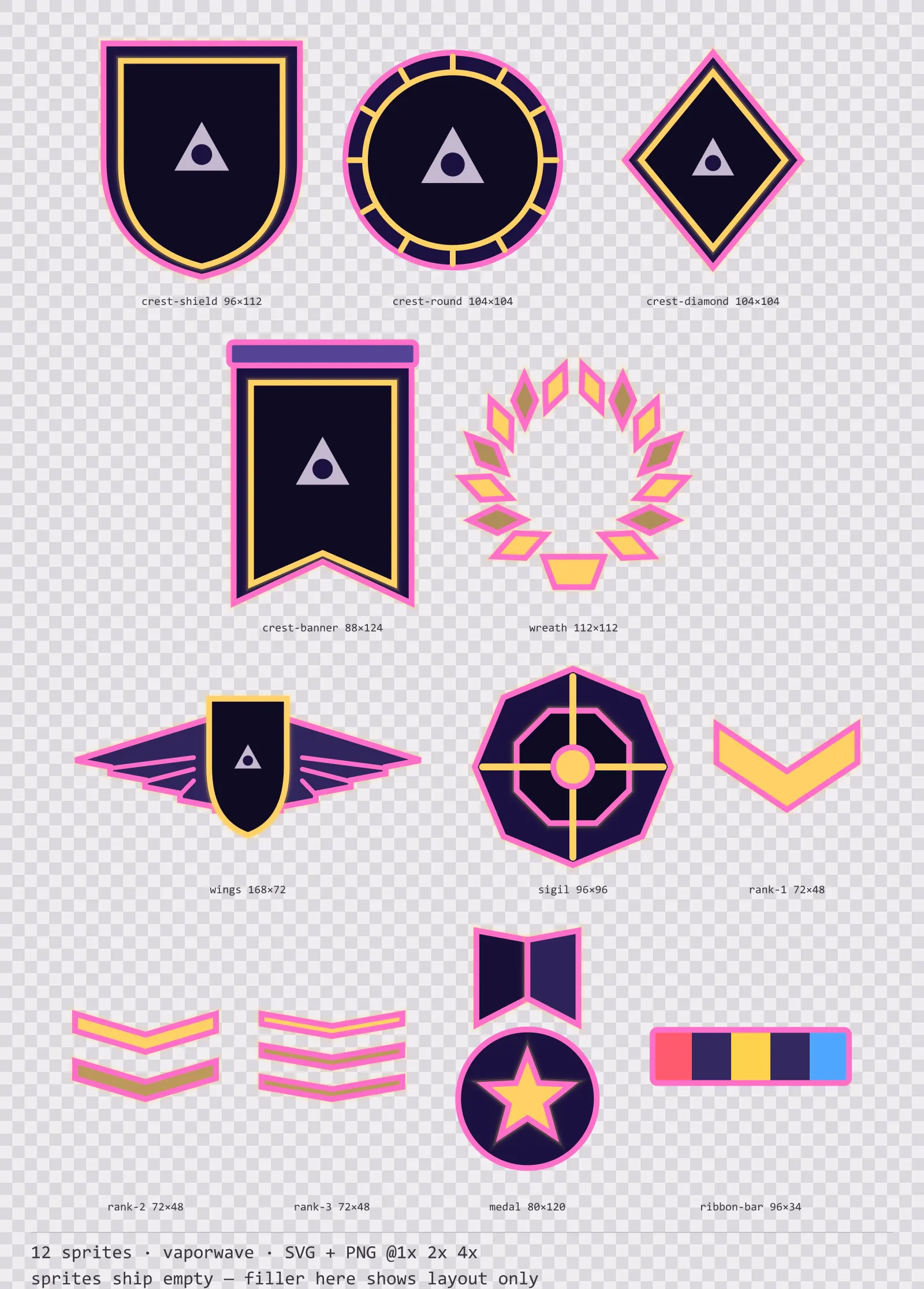 Sheet showing 12 vaporwave crests, insignia and rank marks from the Mallwave family, arranged on a transparency checkerboard with their pixel sizes printed underneath