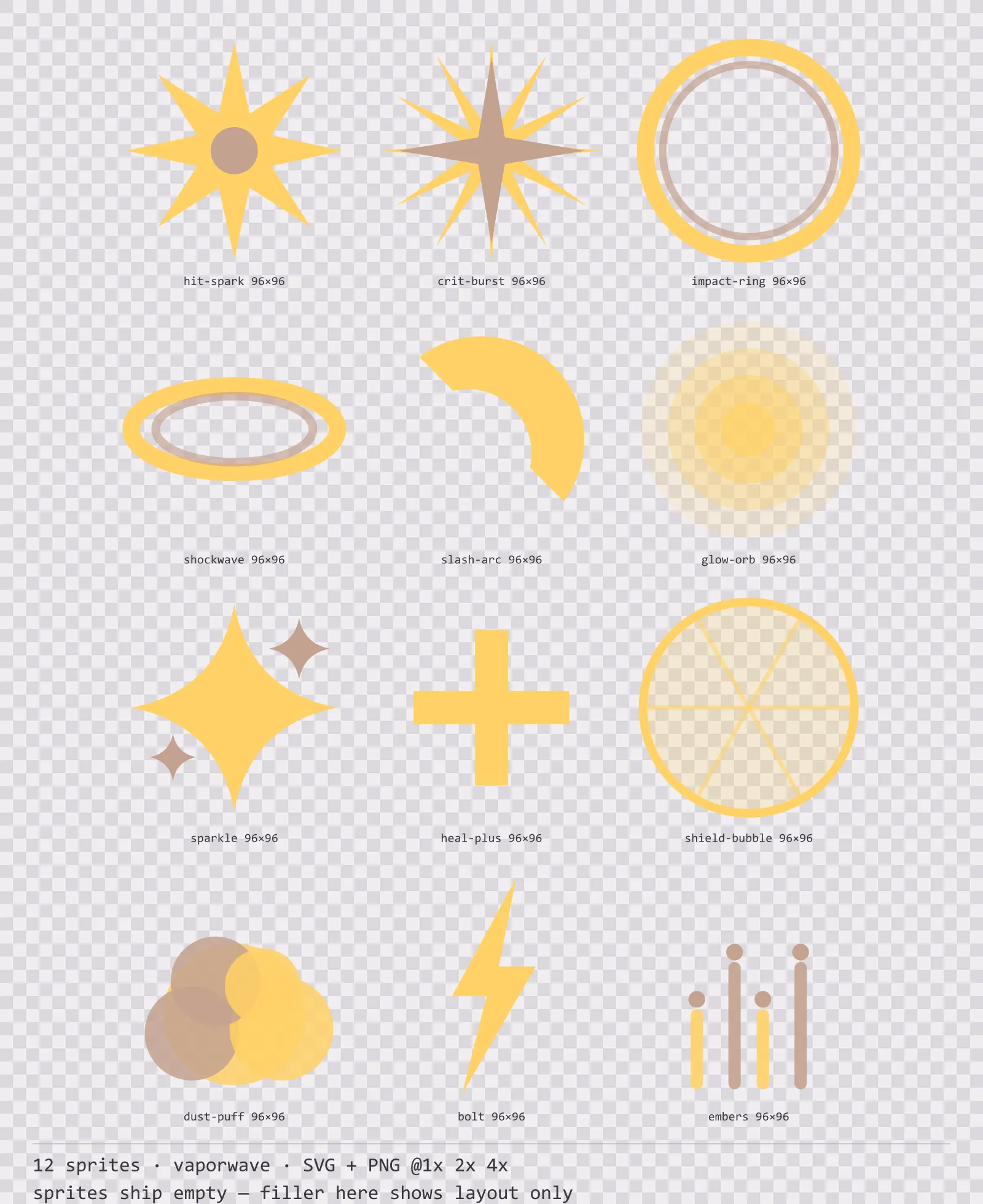 Sheet showing 12 vaporwave impact and effect sprites from the Mallwave family, arranged on a transparency checkerboard with their pixel sizes printed underneath