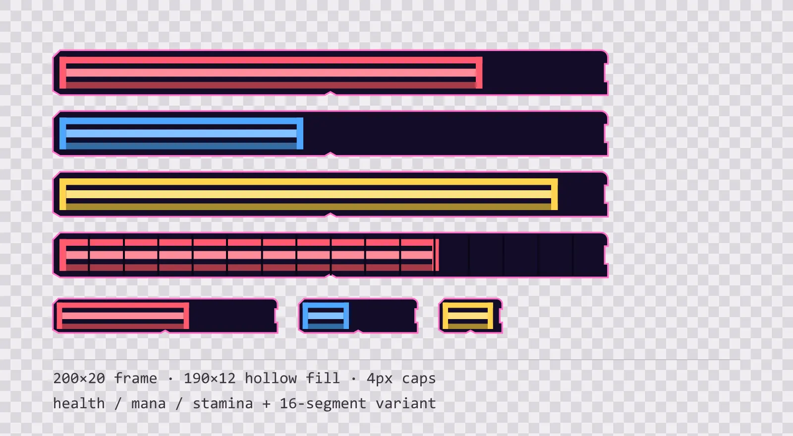 Three horizontal game status bars stacked on a checkerboard background, filled to different levels for health, mana and stamina, with a segmented 16-notch bar and three smaller bars beneath them