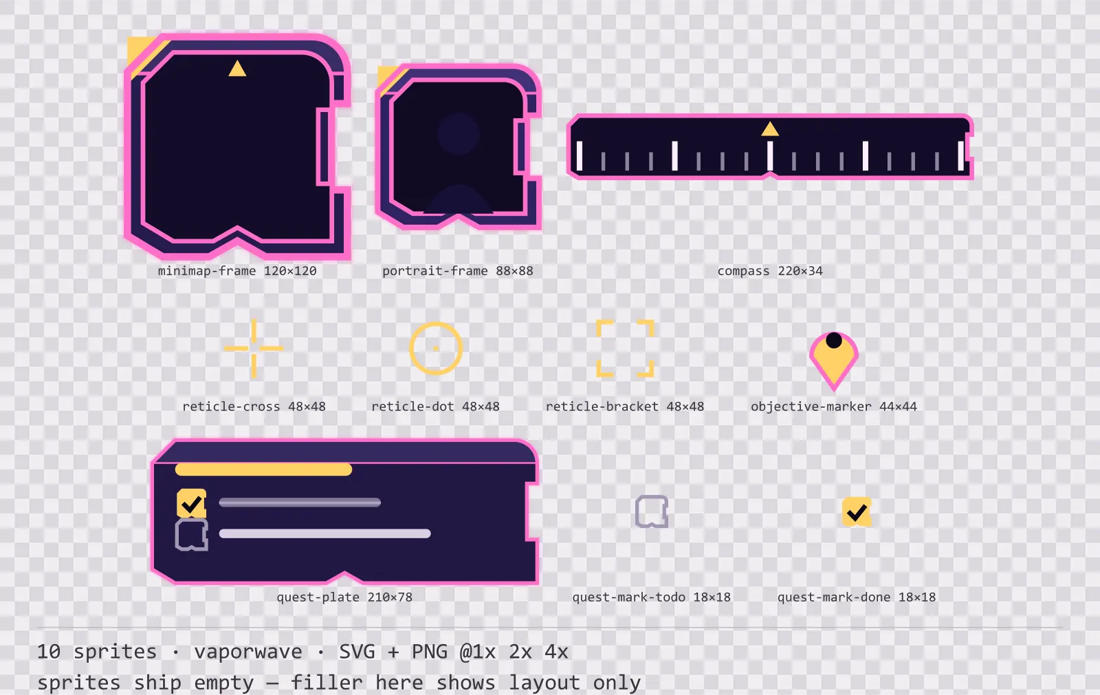 Sheet showing 10 vaporwave heads-up display frames from the Mallwave family, arranged on a transparency checkerboard with their pixel sizes printed underneath