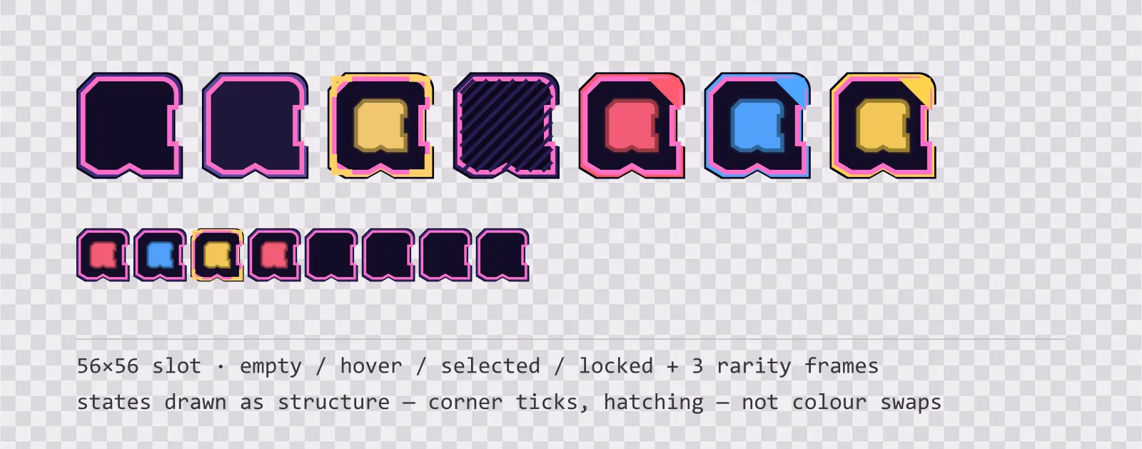 A row of square game inventory slots on a checkerboard background showing empty, hover, selected with corner ticks, and diagonally hatched locked states, followed by coloured rarity frames and a tiled eight-slot grid