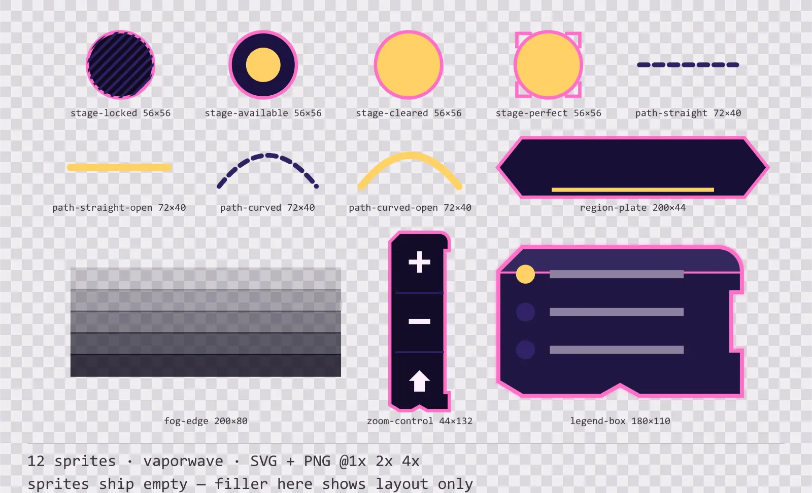 Sheet showing 12 vaporwave level select and world map pieces from the Mallwave family, arranged on a transparency checkerboard with their pixel sizes printed underneath