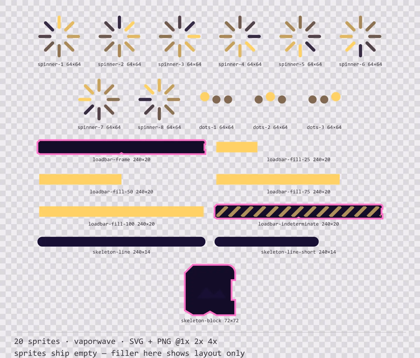 Sheet showing 20 vaporwave loading and waiting indicators from the Mallwave family, arranged on a transparency checkerboard with their pixel sizes printed underneath