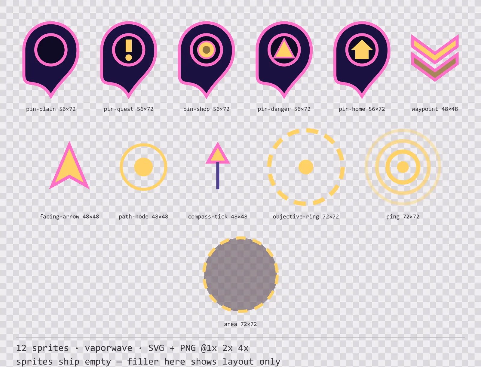 Sheet showing 12 vaporwave map markers and world indicators from the Mallwave family, arranged on a transparency checkerboard with their pixel sizes printed underneath