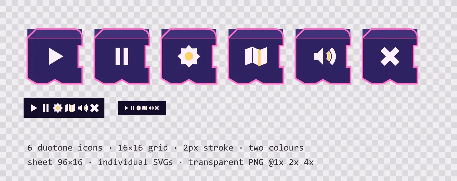 Six two-tone game menu icons on atrium light tiles, shown large, laid out on a sheet grid, and again at actual 16 pixel size