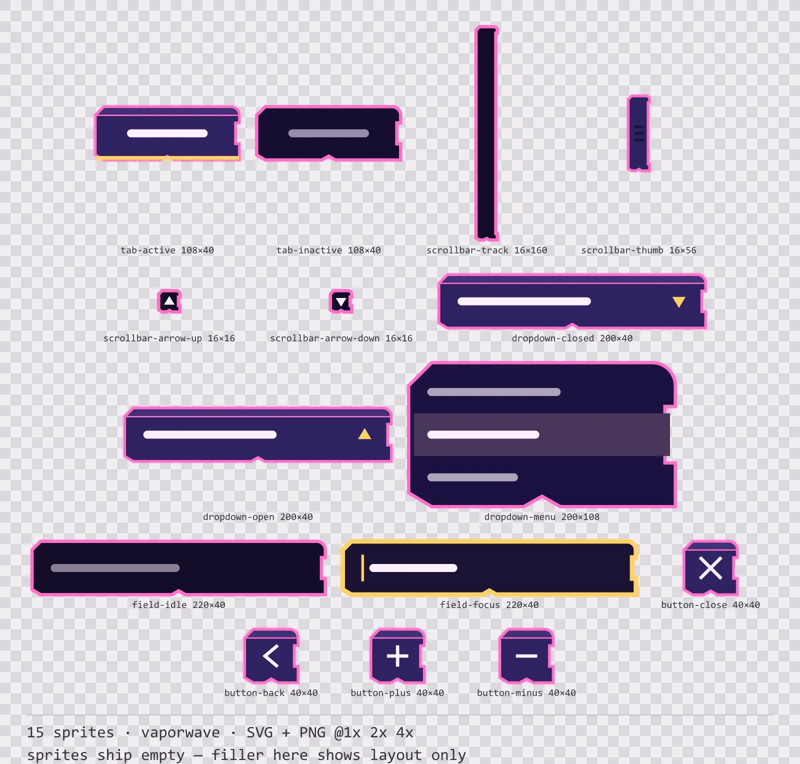 Sheet showing 15 vaporwave navigation and input components from the Mallwave family, arranged on a transparency checkerboard with their pixel sizes printed underneath