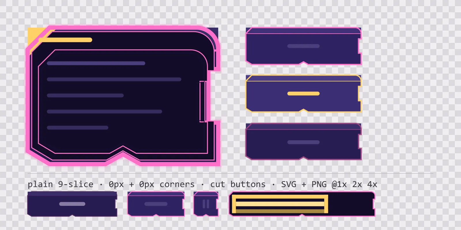 atrium light game menu panel with a sunbleached gold title strip and a recessed list area, next to a column showing the same chamfered button in default, outlined hover and pushed-in pressed states