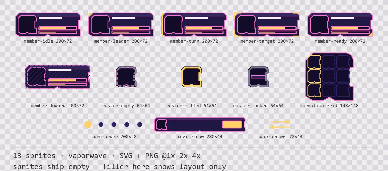 Sheet showing 13 vaporwave party and roster widgets from the Mallwave family, arranged on a transparency checkerboard with their pixel sizes printed underneath