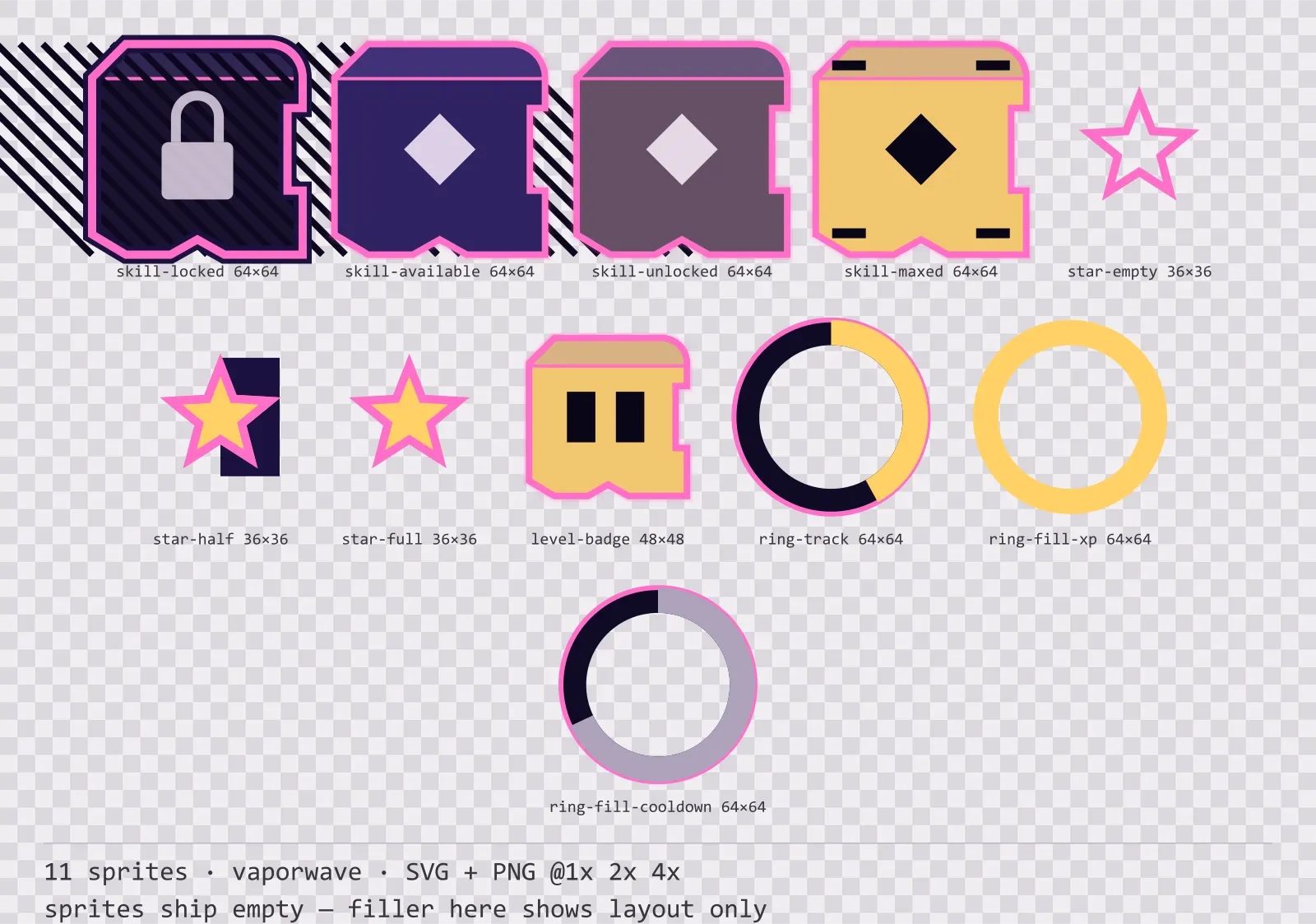 Sheet showing 11 vaporwave progression and reward components from the Mallwave family, arranged on a transparency checkerboard with their pixel sizes printed underneath