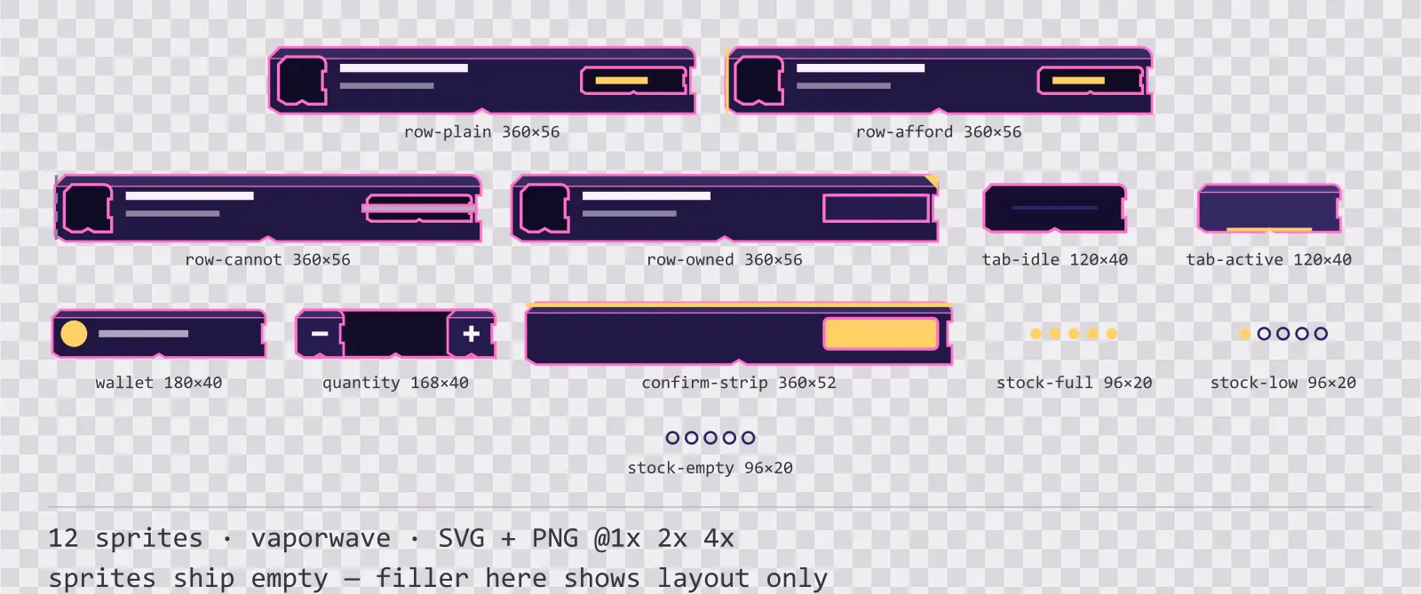 Sheet showing 12 vaporwave shop and economy widgets from the Mallwave family, arranged on a transparency checkerboard with their pixel sizes printed underneath