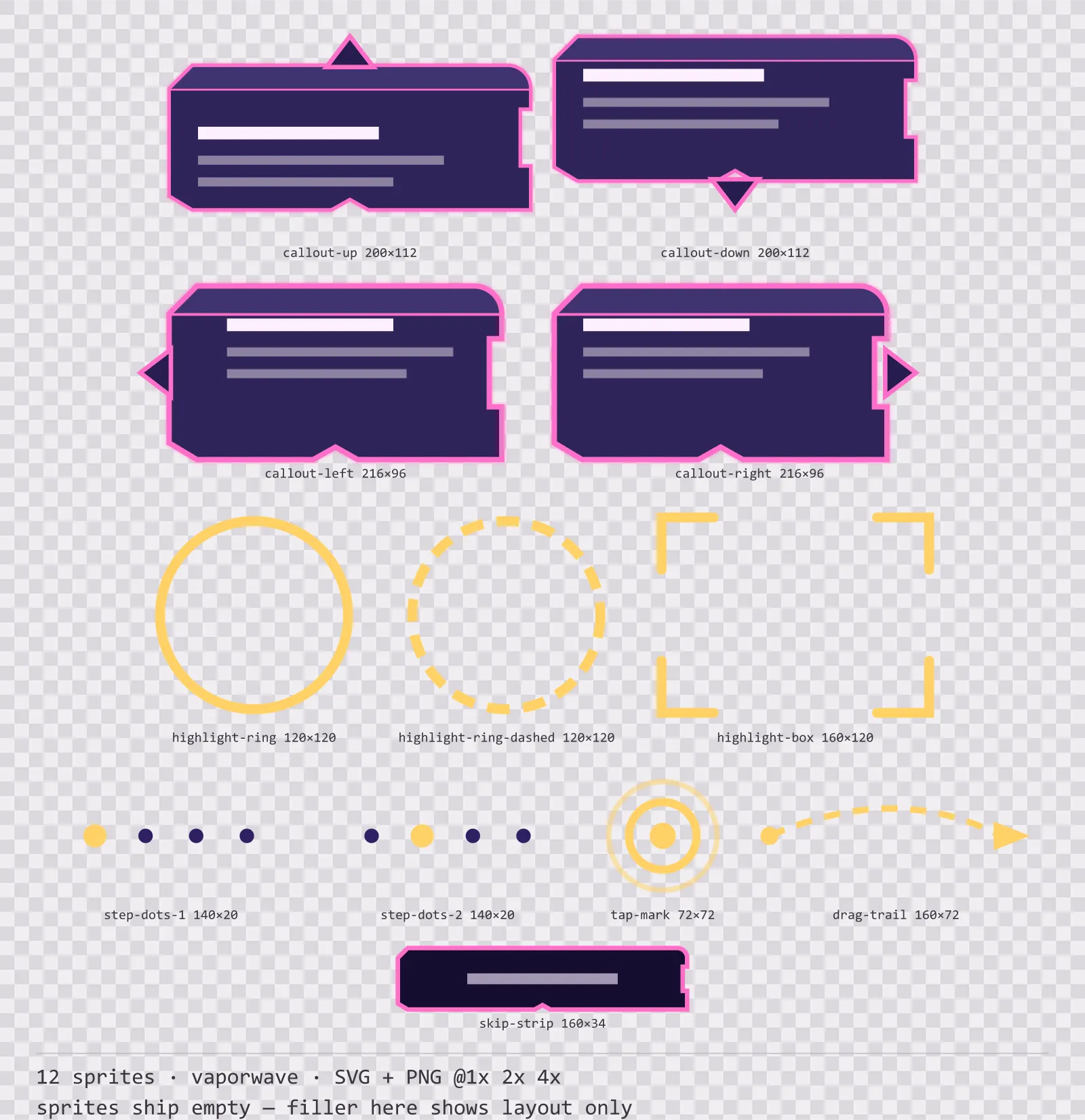 Sheet showing 12 vaporwave tutorial and onboarding markers from the Mallwave family, arranged on a transparency checkerboard with their pixel sizes printed underneath