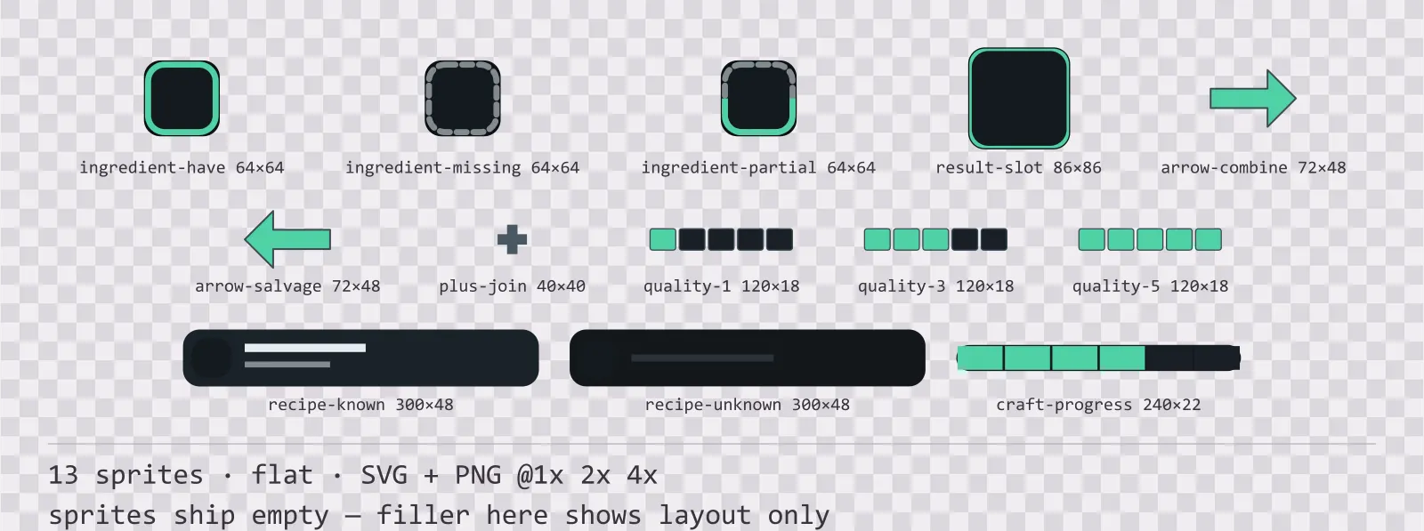 Sheet showing 13 flat crafting and recipe widgets from the Mint family, arranged on a transparency checkerboard with their pixel sizes printed underneath