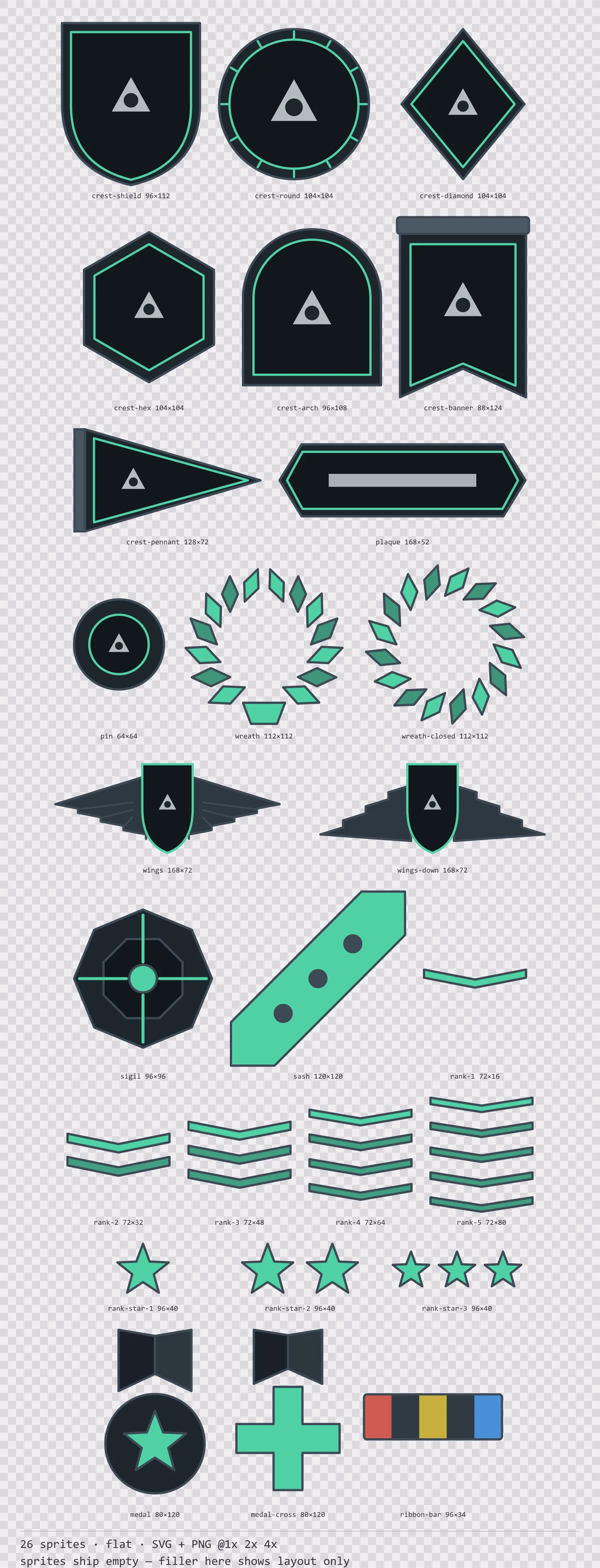 Sheet showing 26 flat crests, insignia and rank marks from the Mint family, arranged on a transparency checkerboard with their pixel sizes printed underneath