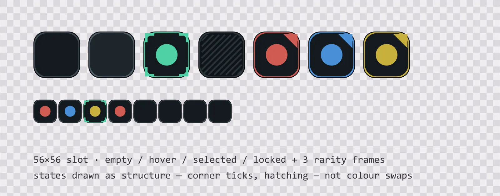 A row of square game inventory slots on a checkerboard background showing empty, hover, selected with corner ticks, and diagonally hatched locked states, followed by coloured rarity frames and a tiled eight-slot grid