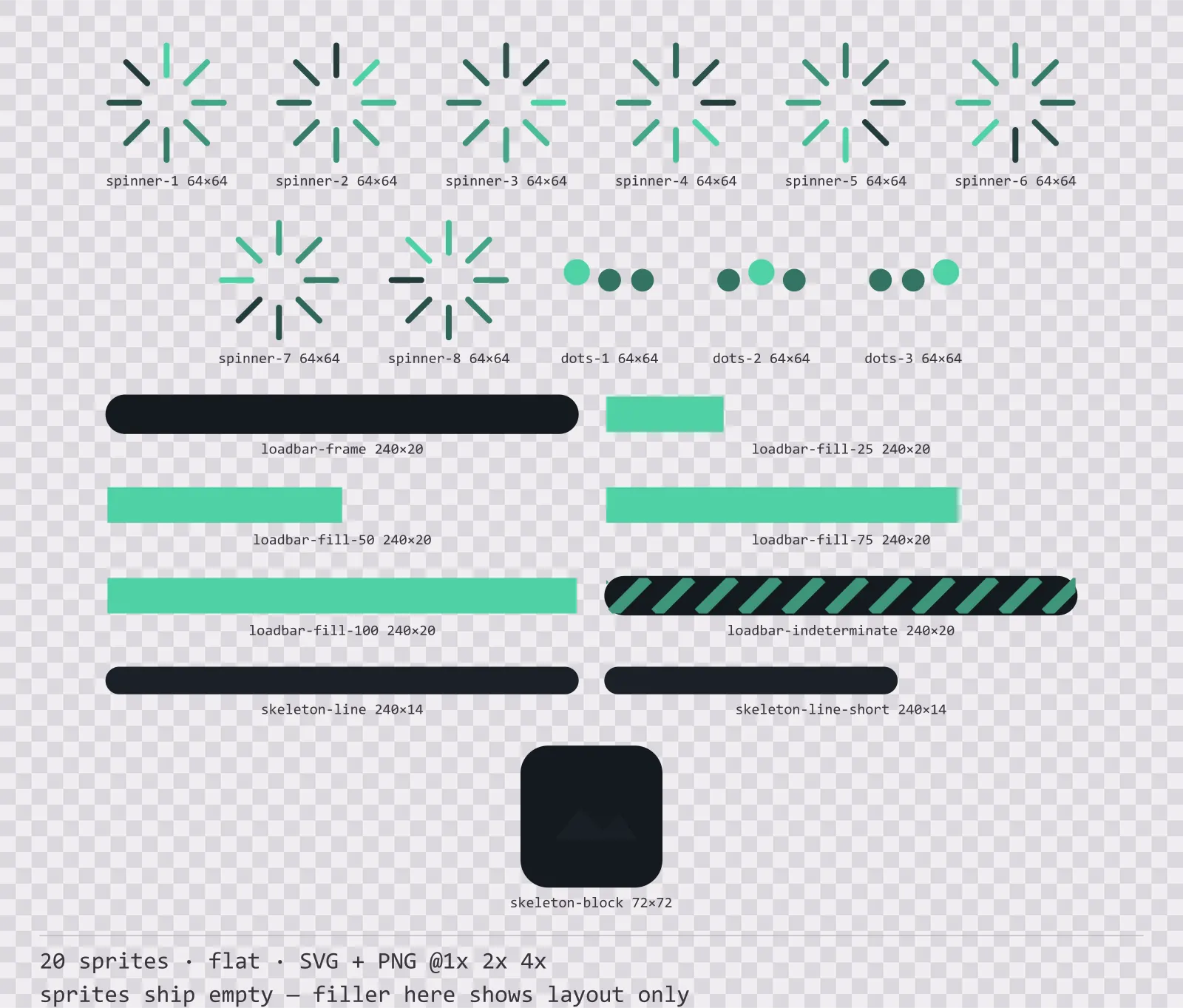 Sheet showing 20 flat loading and waiting indicators from the Mint family, arranged on a transparency checkerboard with their pixel sizes printed underneath