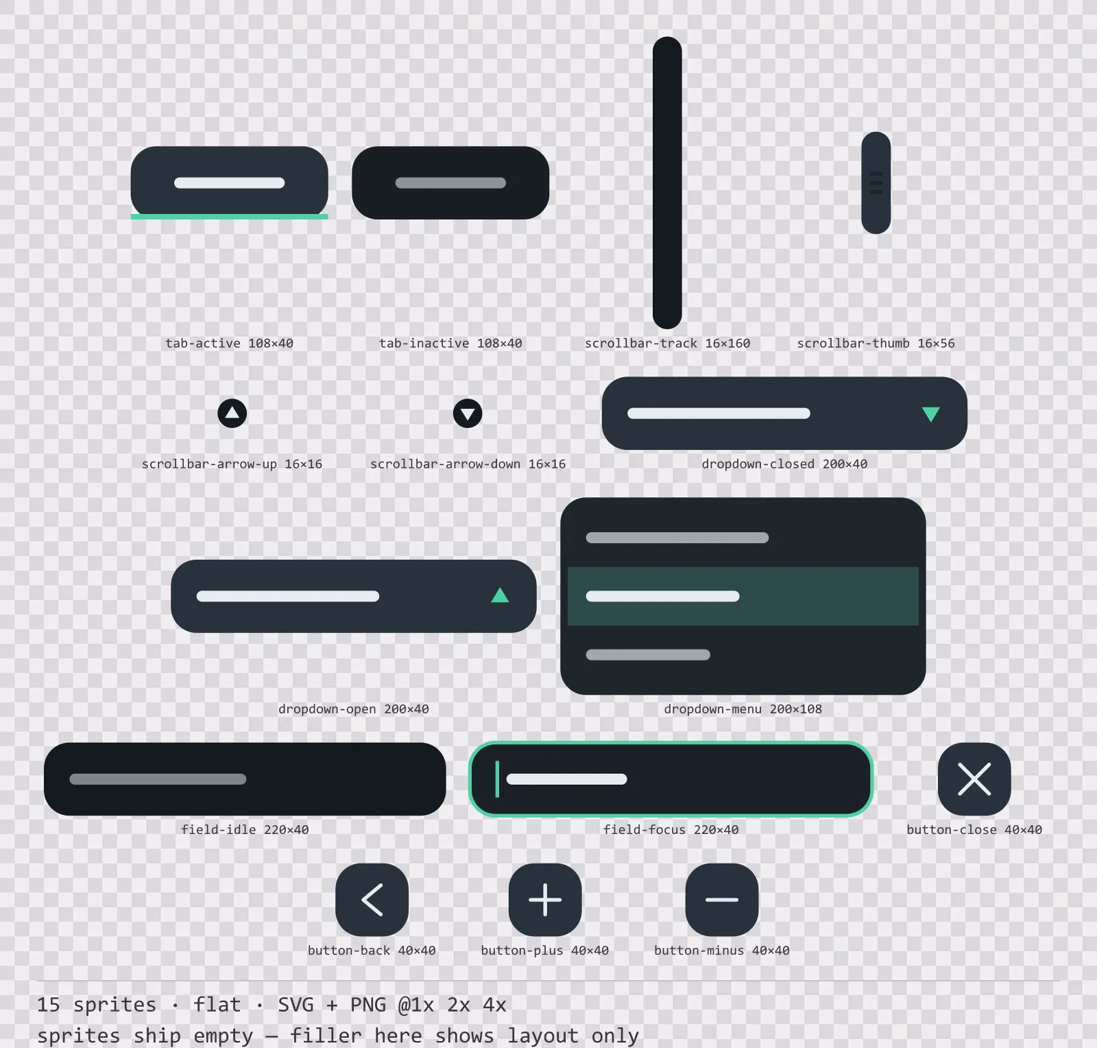 Sheet showing 15 flat navigation and input components from the Mint family, arranged on a transparency checkerboard with their pixel sizes printed underneath