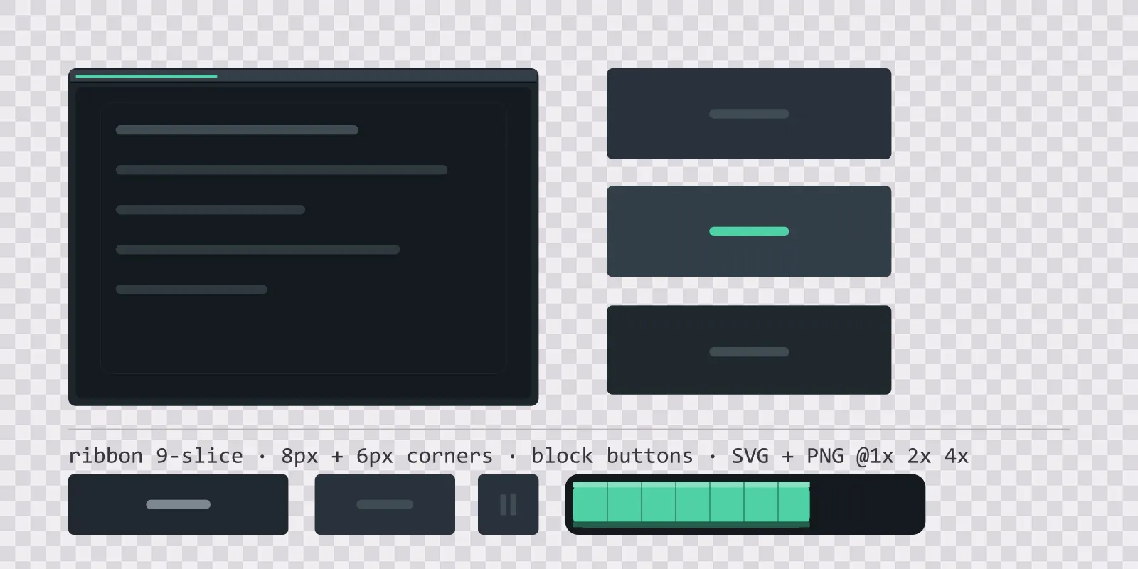 cool slate game menu panel with a mint green title strip and a recessed list area, next to a column showing the same square button in default, outlined hover and pushed-in pressed states
