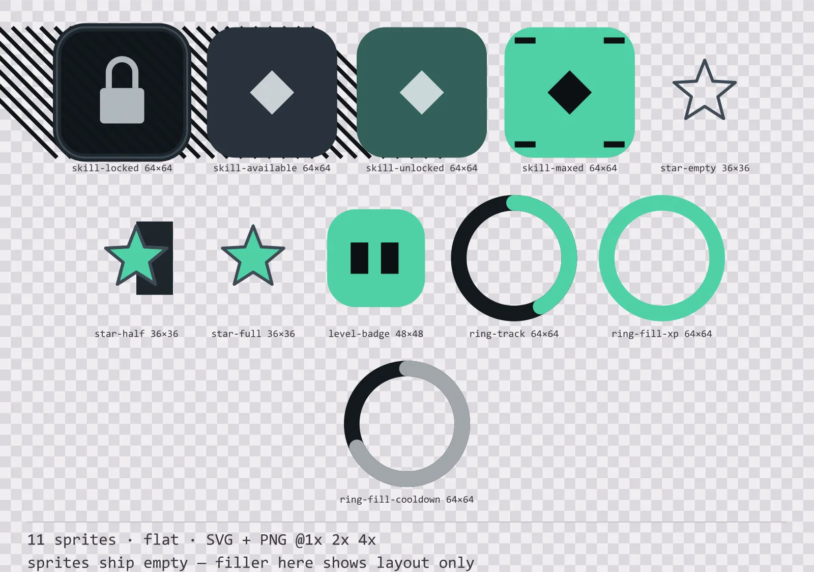 Sheet showing 11 flat progression and reward components from the Mint family, arranged on a transparency checkerboard with their pixel sizes printed underneath