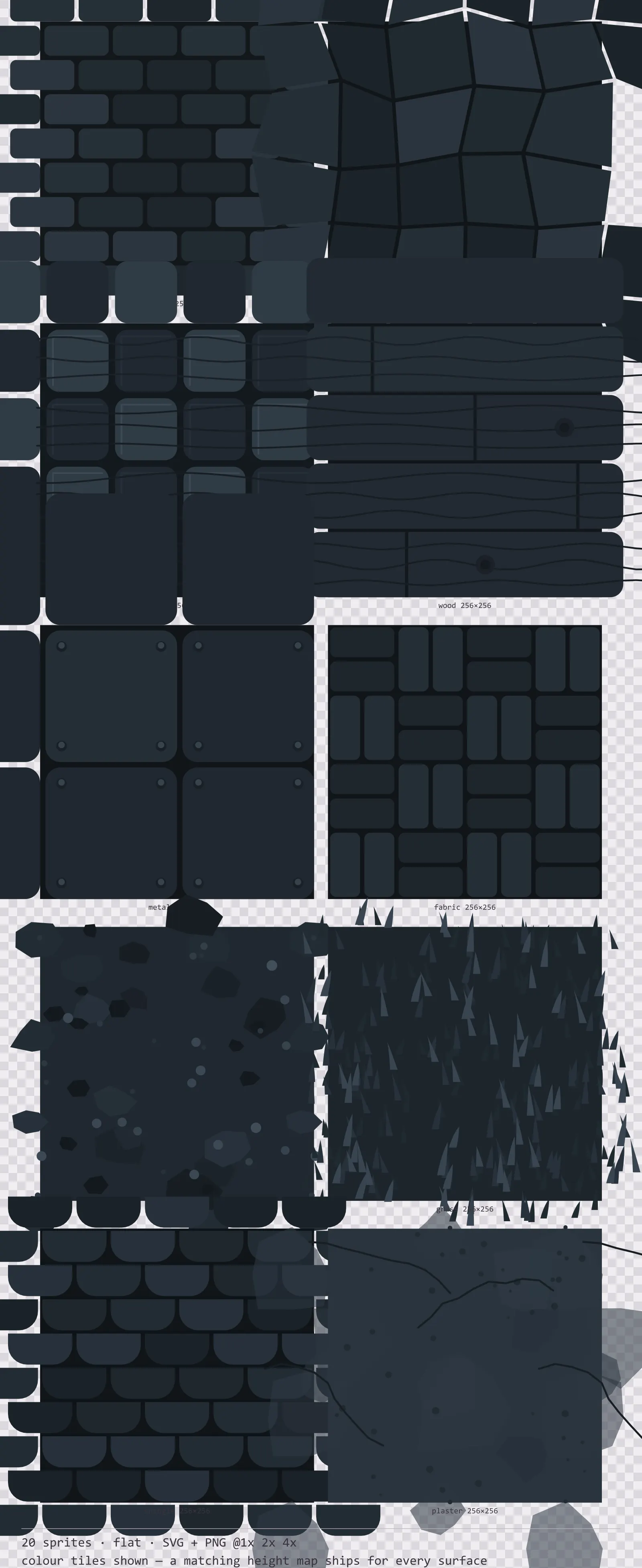 Sheet showing 20 flat tiling surface textures from the Mint family, arranged on a transparency checkerboard with their pixel sizes printed underneath