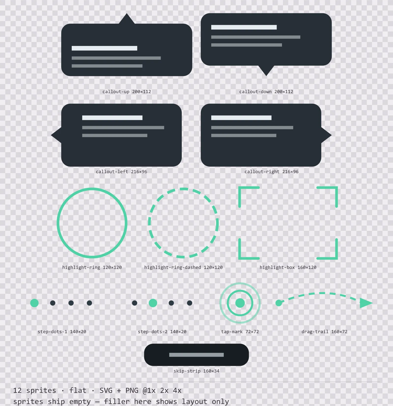 Sheet showing 12 flat tutorial and onboarding markers from the Mint family, arranged on a transparency checkerboard with their pixel sizes printed underneath