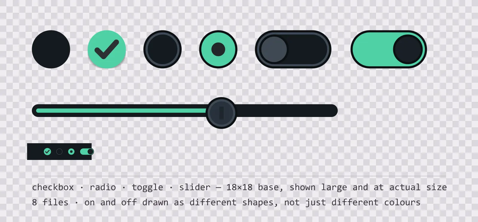 Game settings controls on a checkerboard background — an empty and a ticked checkbox, an unselected and a selected radio button, a toggle switch shown off and on, and a slider track with its knob