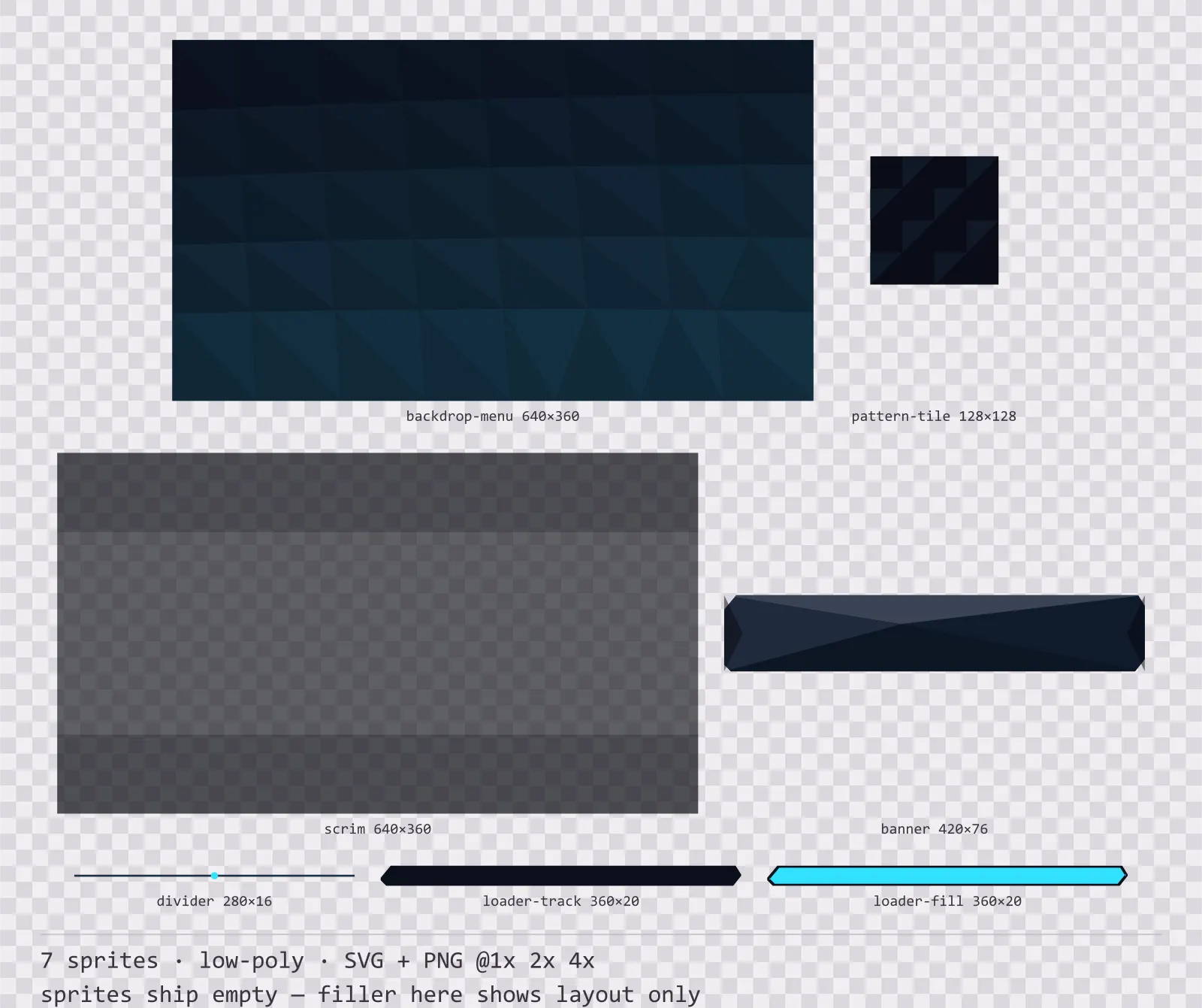 Sheet showing 7 low-poly background and overlay pieces from the Neon family, arranged on a transparency checkerboard with their pixel sizes printed underneath