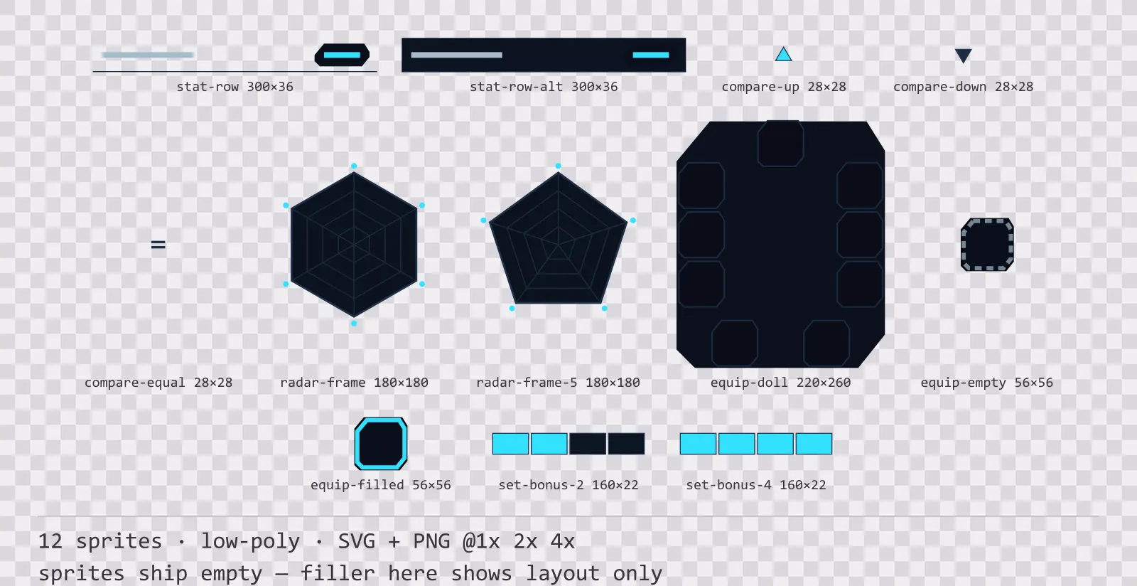 Sheet showing 12 low-poly character sheet and stat widgets from the Neon family, arranged on a transparency checkerboard with their pixel sizes printed underneath