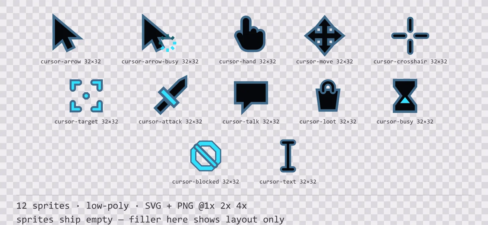 Sheet showing 12 low-poly mouse cursors from the Neon family, arranged on a transparency checkerboard with their pixel sizes printed underneath