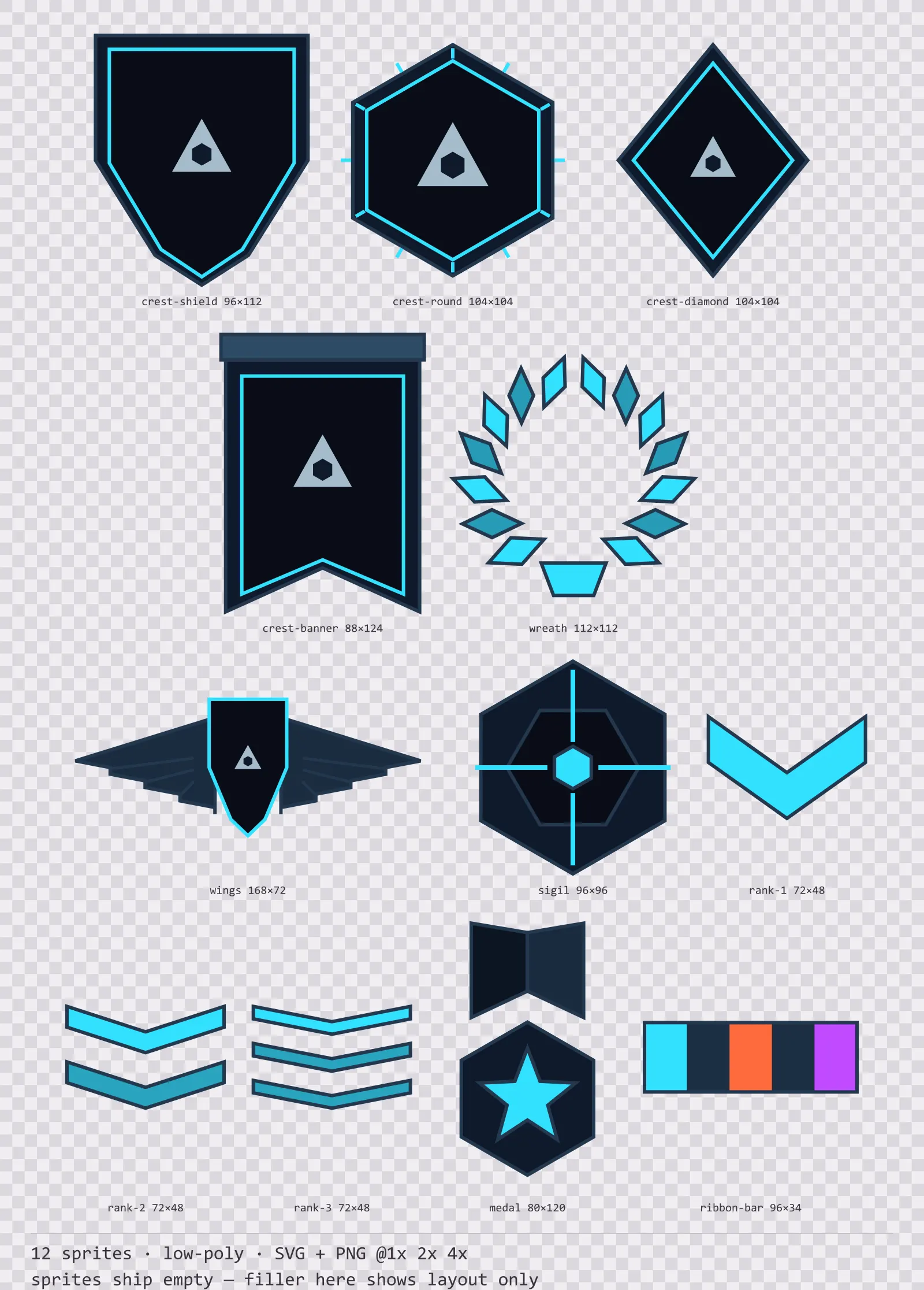 Sheet showing 12 low-poly crests, insignia and rank marks from the Neon family, arranged on a transparency checkerboard with their pixel sizes printed underneath