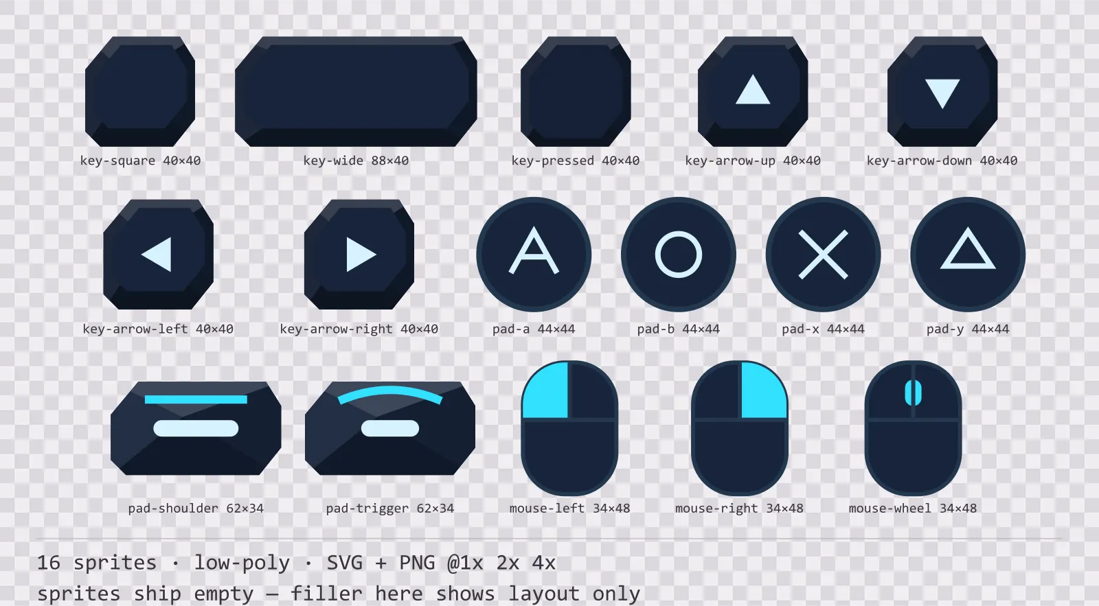 Sheet showing 16 low-poly input prompt sprites from the Neon family, arranged on a transparency checkerboard with their pixel sizes printed underneath
