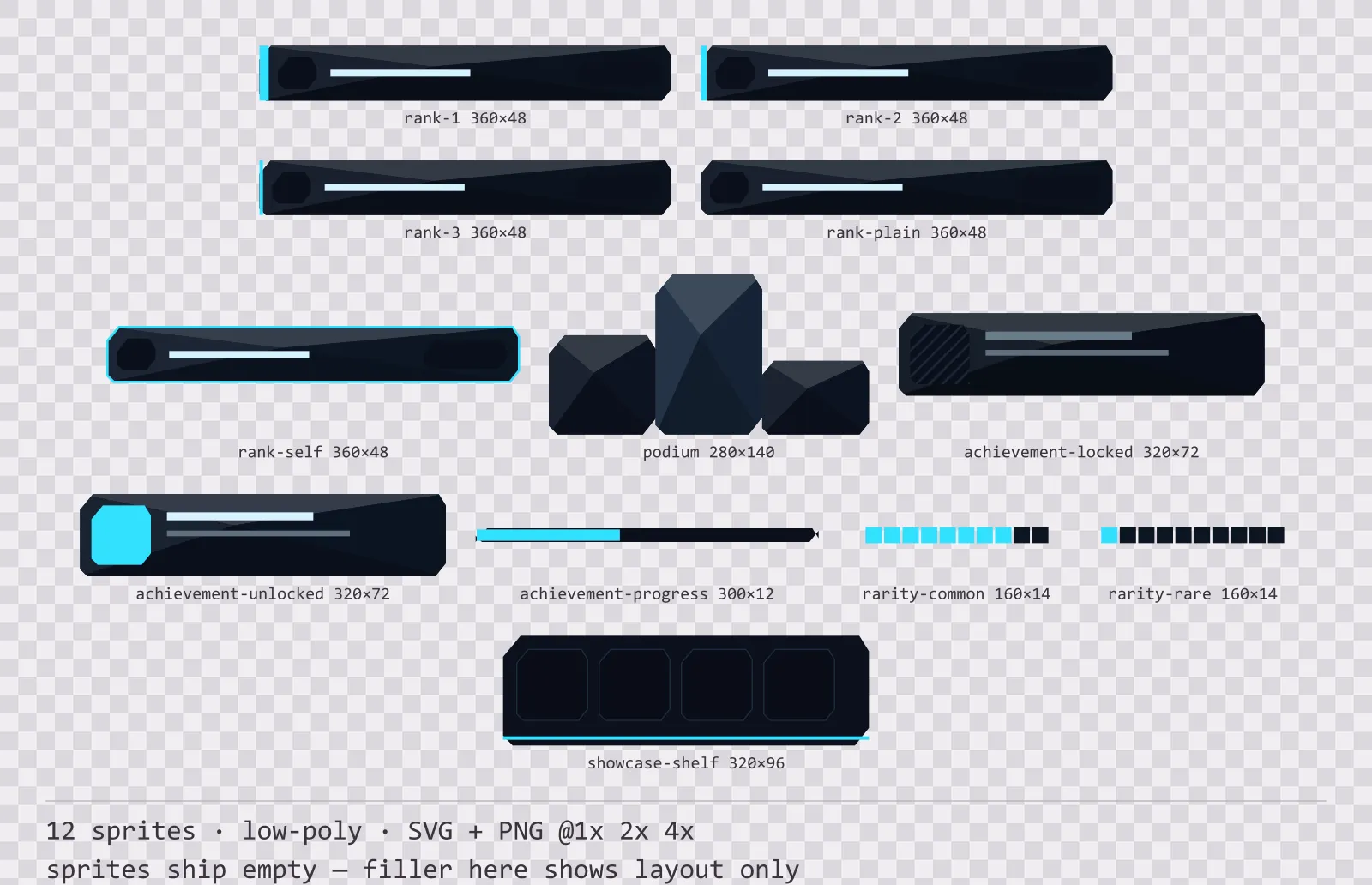 Hoja con 12 elementos de clasificación y logros (low-poly) de la familia Neon, dispuestos sobre un damero de transparencia y con sus medidas en píxeles escritas debajo