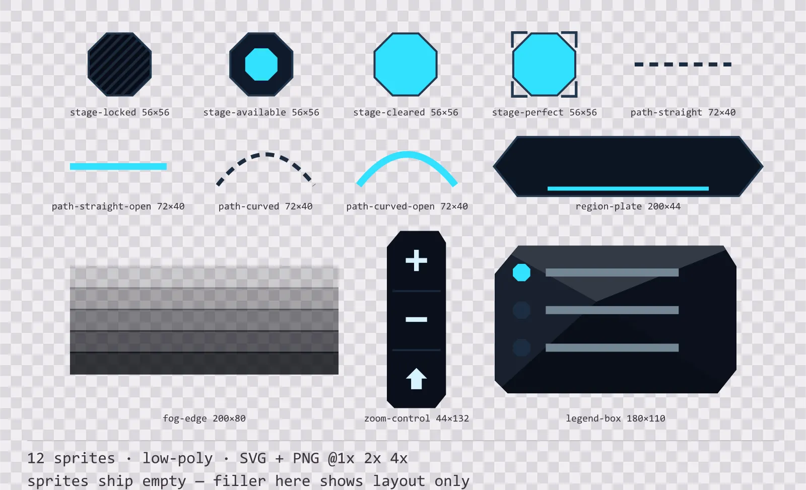Blatt mit 12 Levelauswahl- und Weltkartenteile (Low-Poly) aus der Familie Neon, angeordnet auf einem Transparenz-Schachbrett, mit den Pixelmaßen darunter