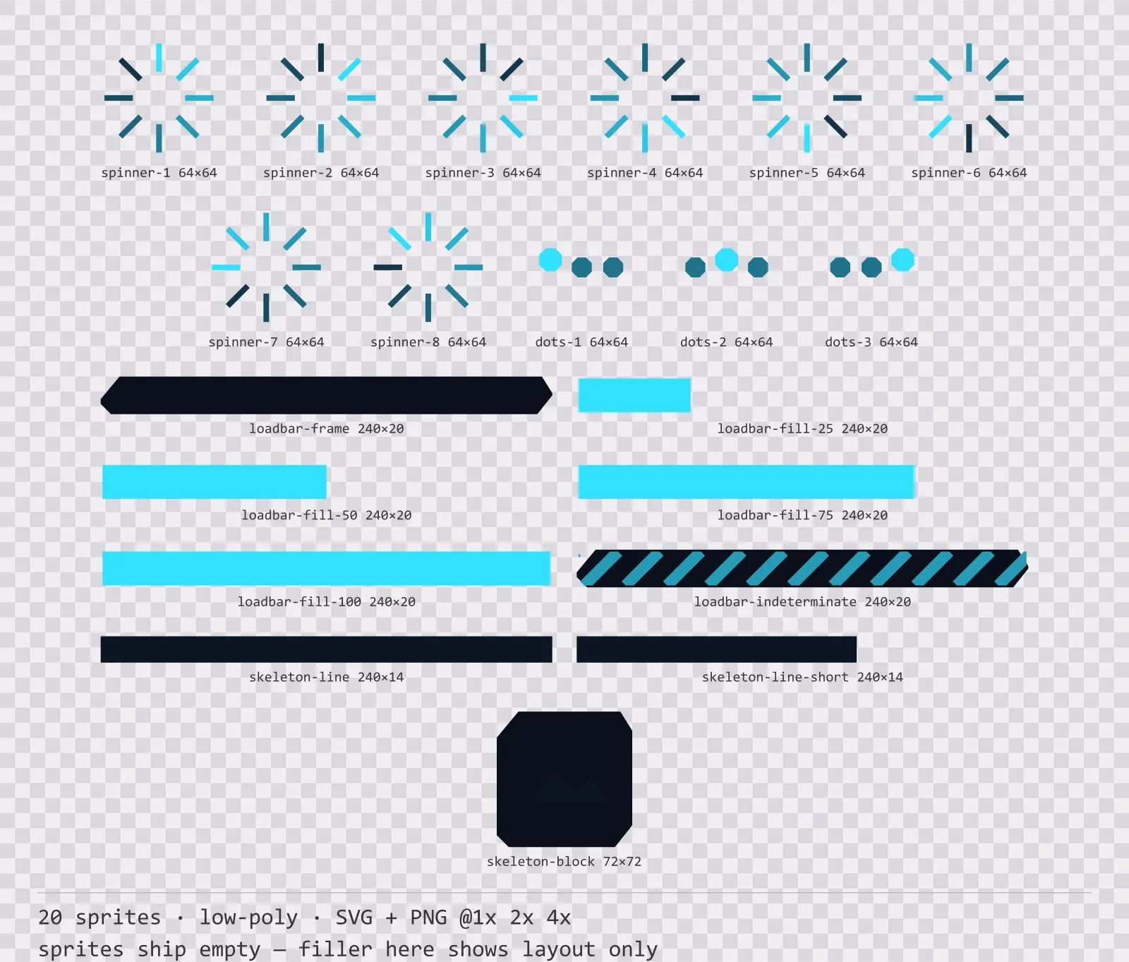 Sheet showing 20 low-poly loading and waiting indicators from the Neon family, arranged on a transparency checkerboard with their pixel sizes printed underneath