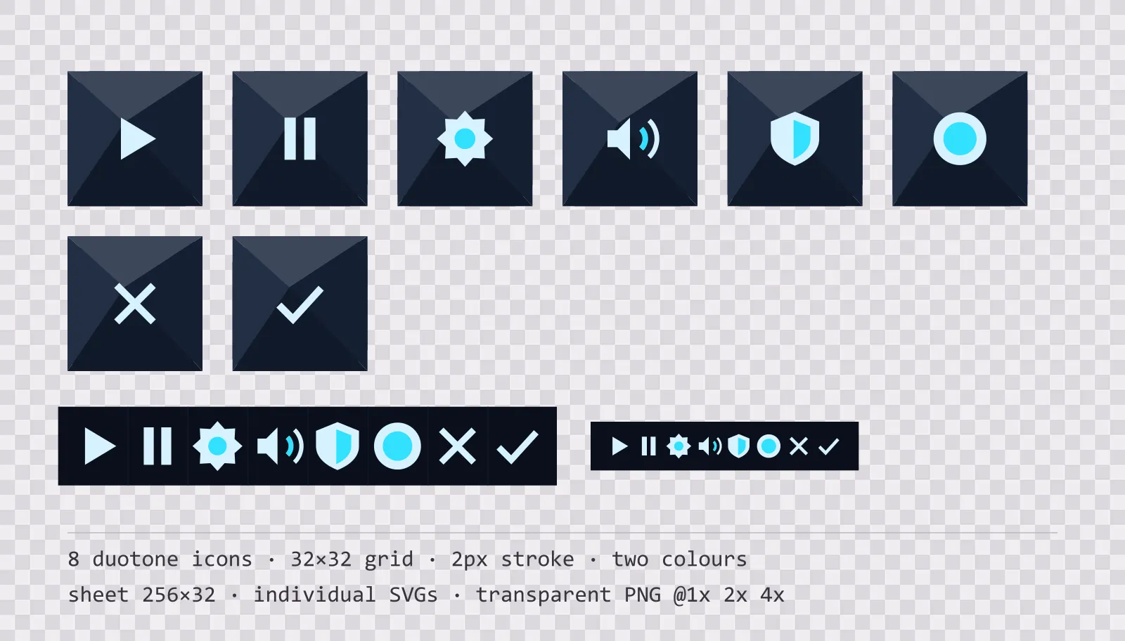 Eight two-tone game menu icons on high-contrast neon tiles, shown large, laid out on a sheet grid, and again at actual 32 pixel size