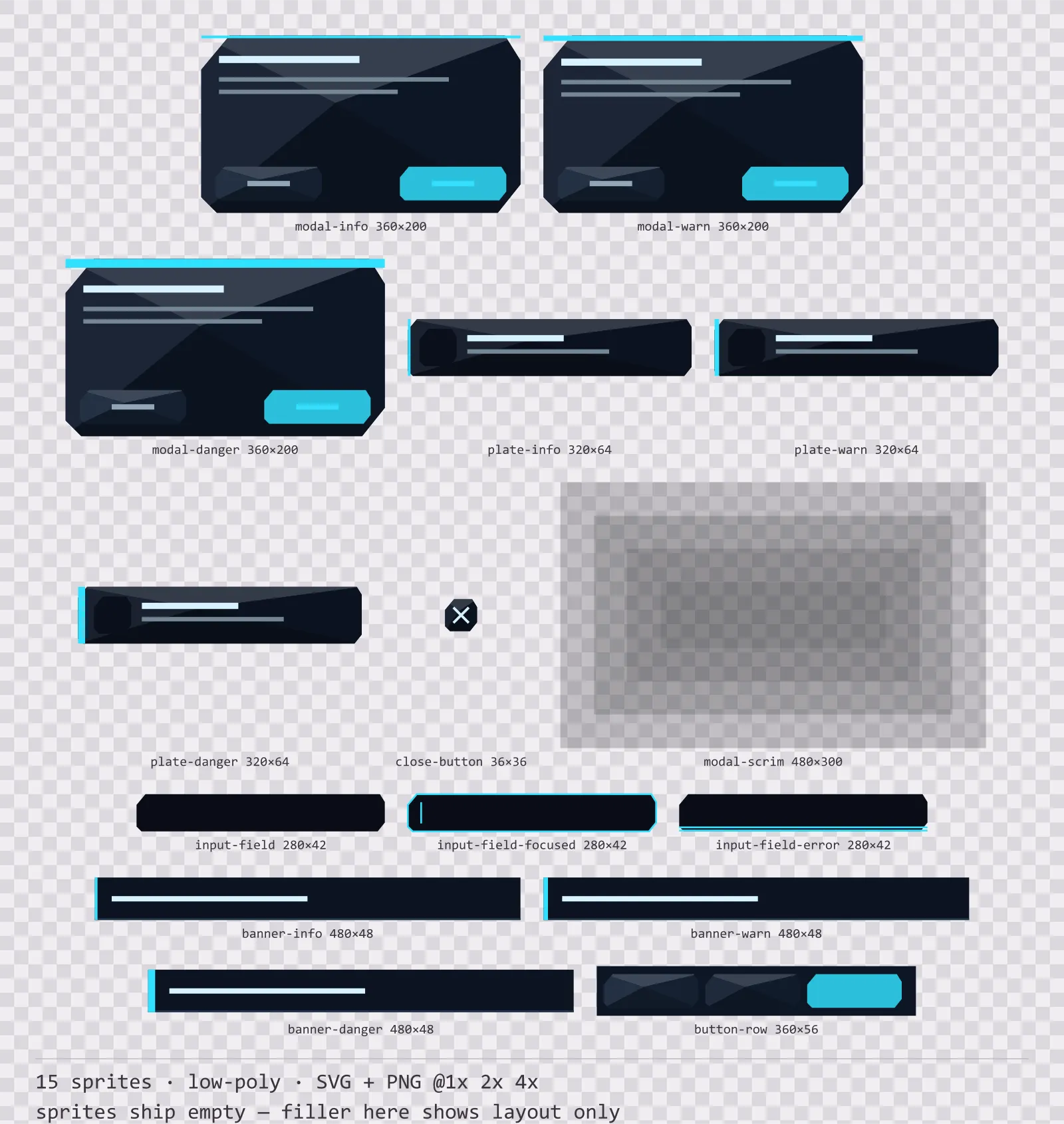 Sheet showing 15 low-poly modal dialogs and system notices from the Neon family, arranged on a transparency checkerboard with their pixel sizes printed underneath