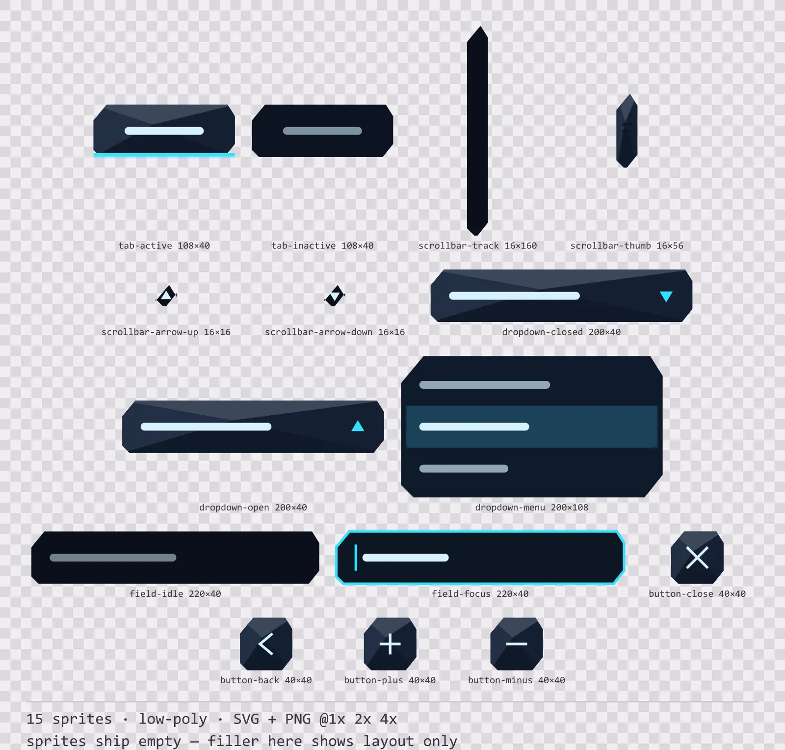 Sheet showing 15 low-poly navigation and input components from the Neon family, arranged on a transparency checkerboard with their pixel sizes printed underneath